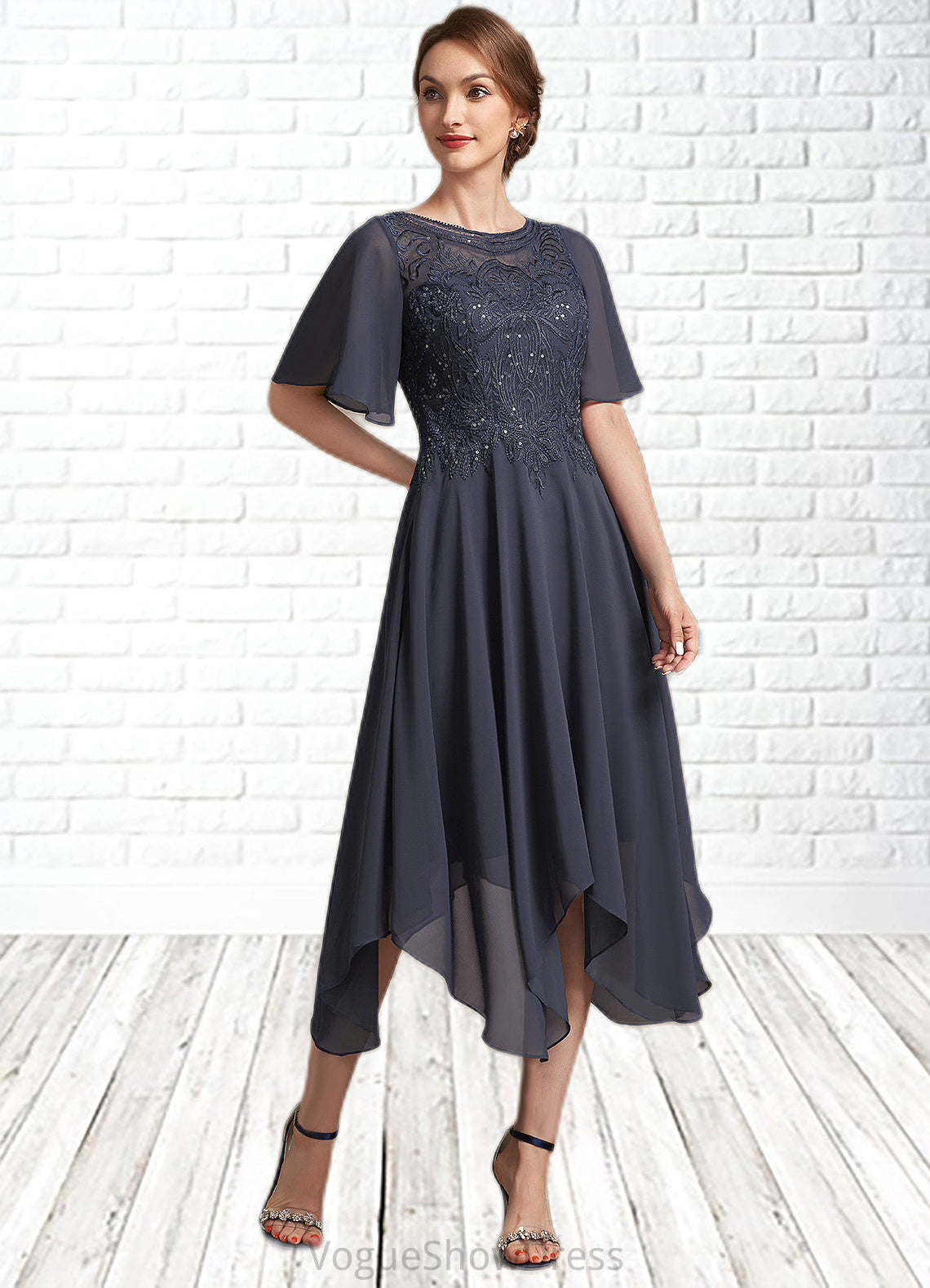 Lea A-Line Scoop Neck Tea-Length Chiffon Lace Mother of the Bride Dress With Sequins DL126P0014830