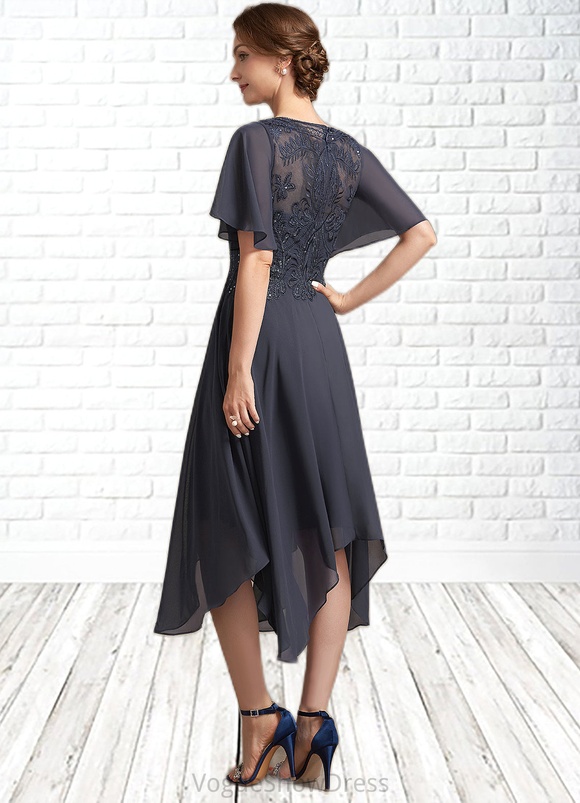 Lea A-Line Scoop Neck Tea-Length Chiffon Lace Mother of the Bride Dress With Sequins DL126P0014830