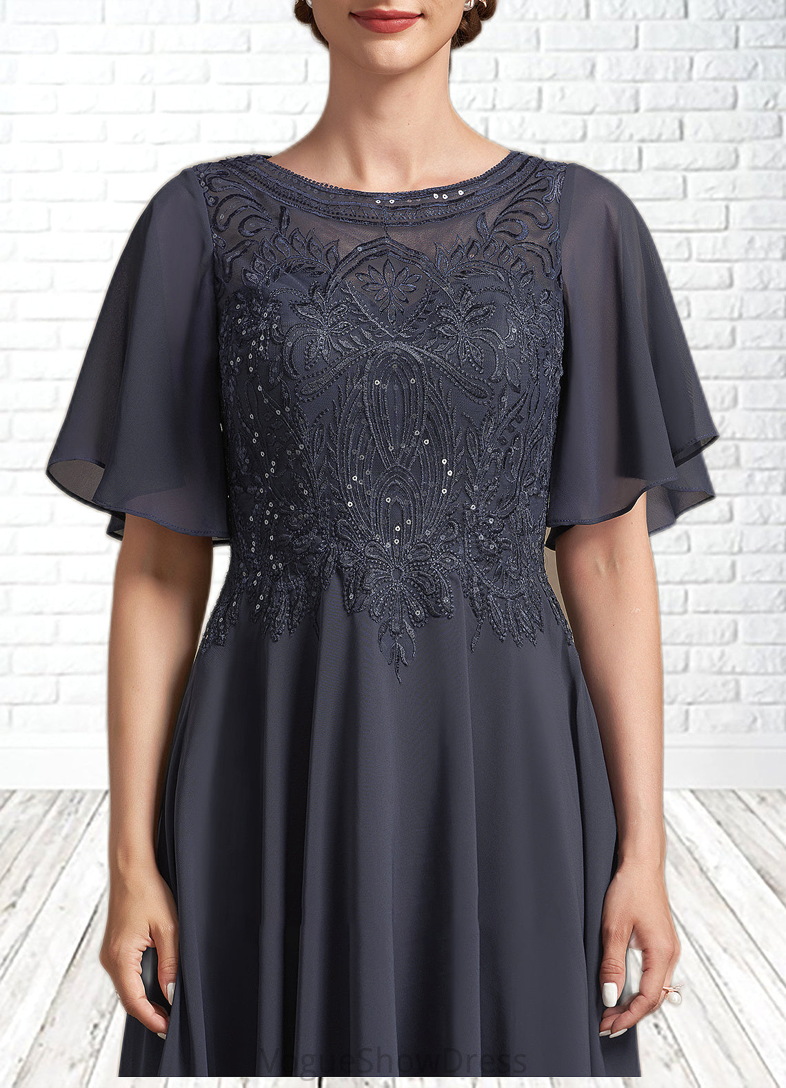 Lea A-Line Scoop Neck Tea-Length Chiffon Lace Mother of the Bride Dress With Sequins DL126P0014830