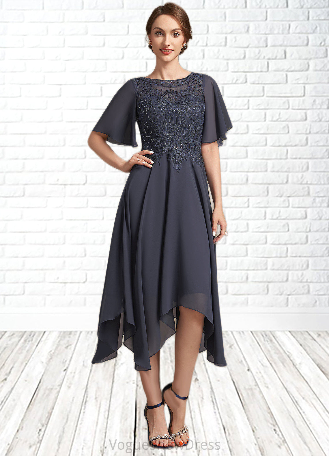 Lea A-Line Scoop Neck Tea-Length Chiffon Lace Mother of the Bride Dress With Sequins DL126P0014830