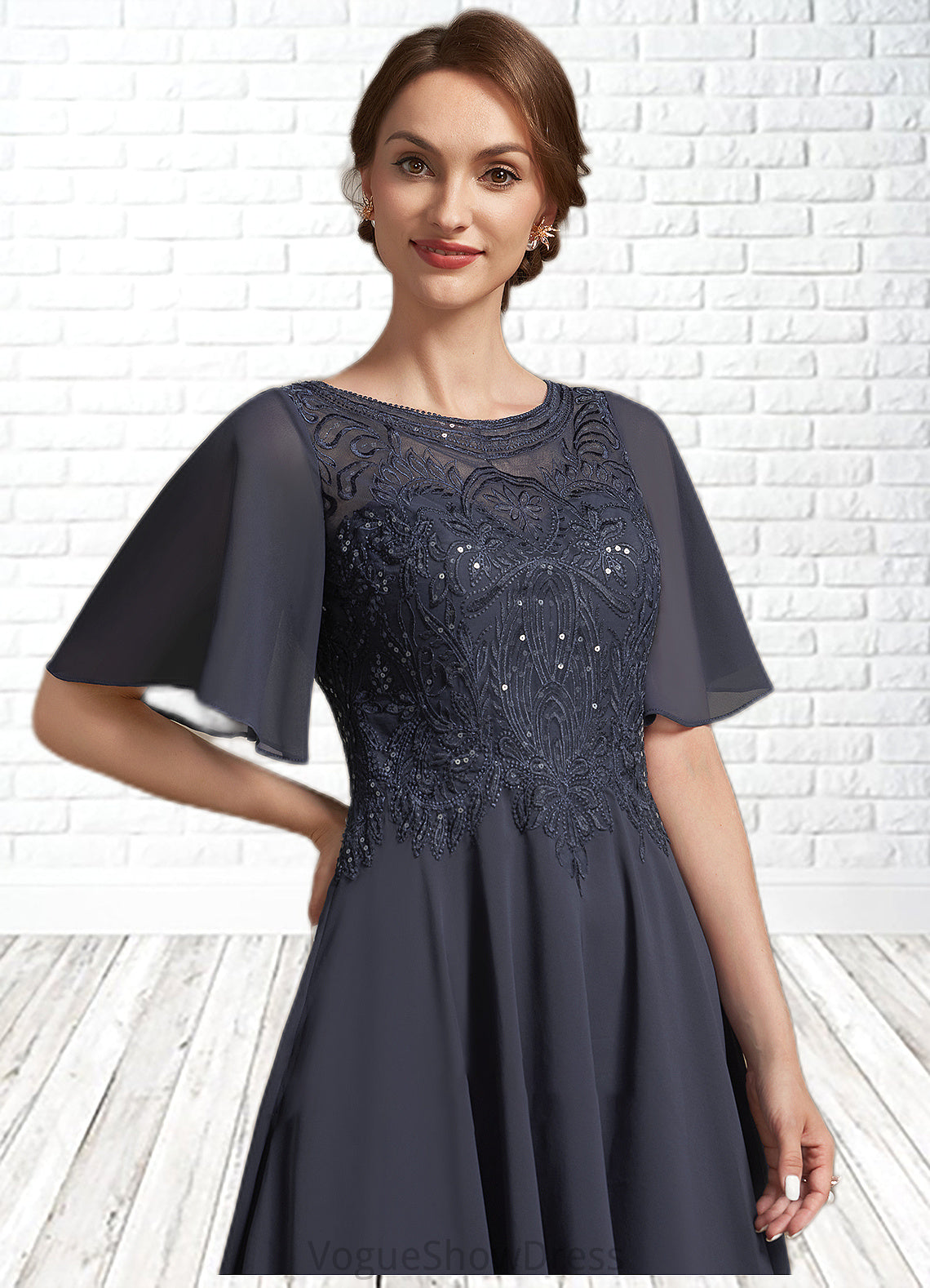 Lea A-Line Scoop Neck Tea-Length Chiffon Lace Mother of the Bride Dress With Sequins DL126P0014830