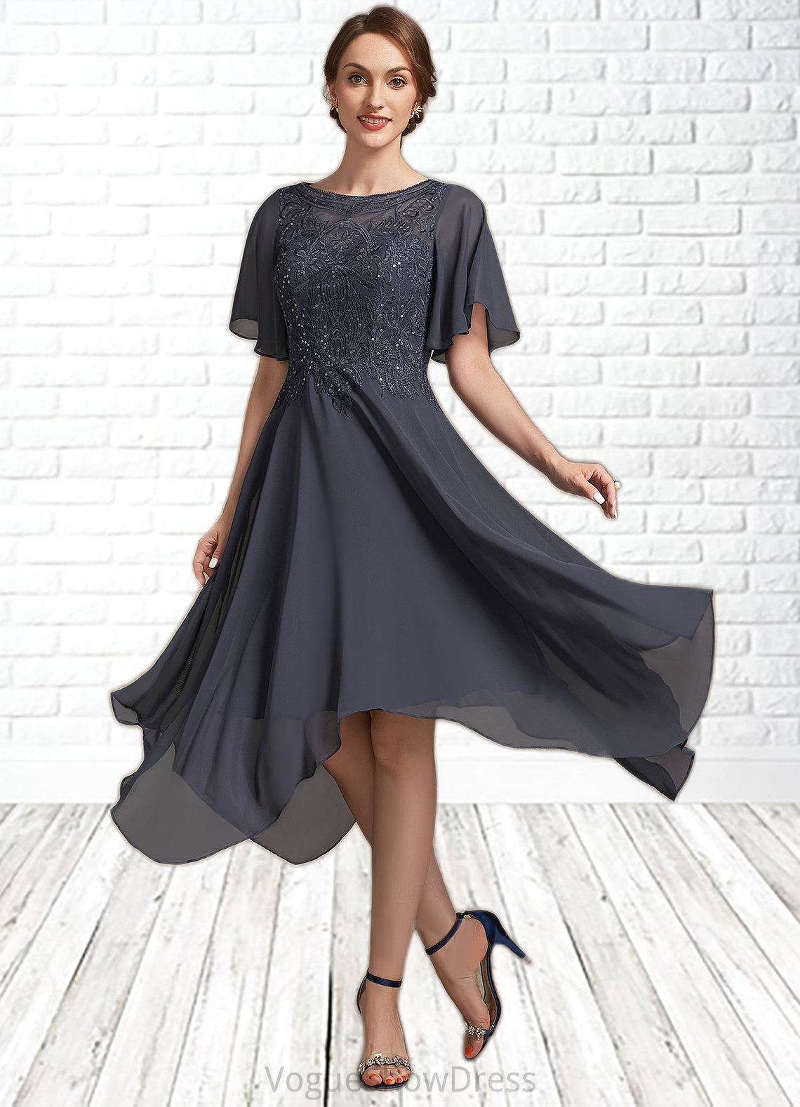 Lea A-Line Scoop Neck Tea-Length Chiffon Lace Mother of the Bride Dress With Sequins DL126P0014830