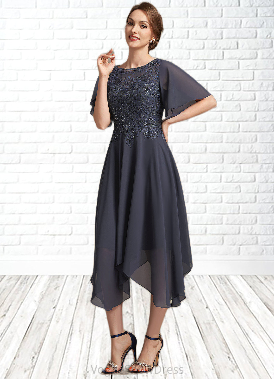 Lea A-Line Scoop Neck Tea-Length Chiffon Lace Mother of the Bride Dress With Sequins DL126P0014830