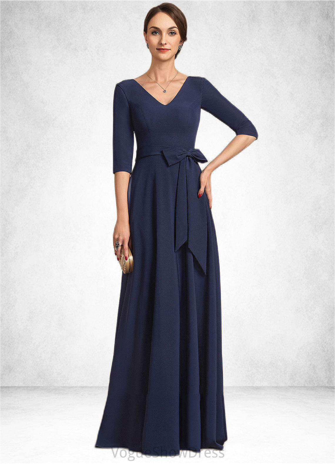 Jakayla A-Line V-neck Floor-Length Stretch Crepe Mother of the Bride Dress With Bow(s) DL126P0014831