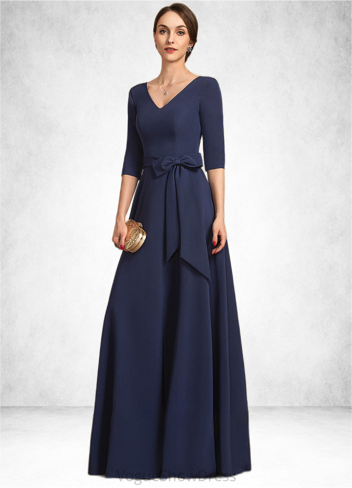 Jakayla A-Line V-neck Floor-Length Stretch Crepe Mother of the Bride Dress With Bow(s) DL126P0014831