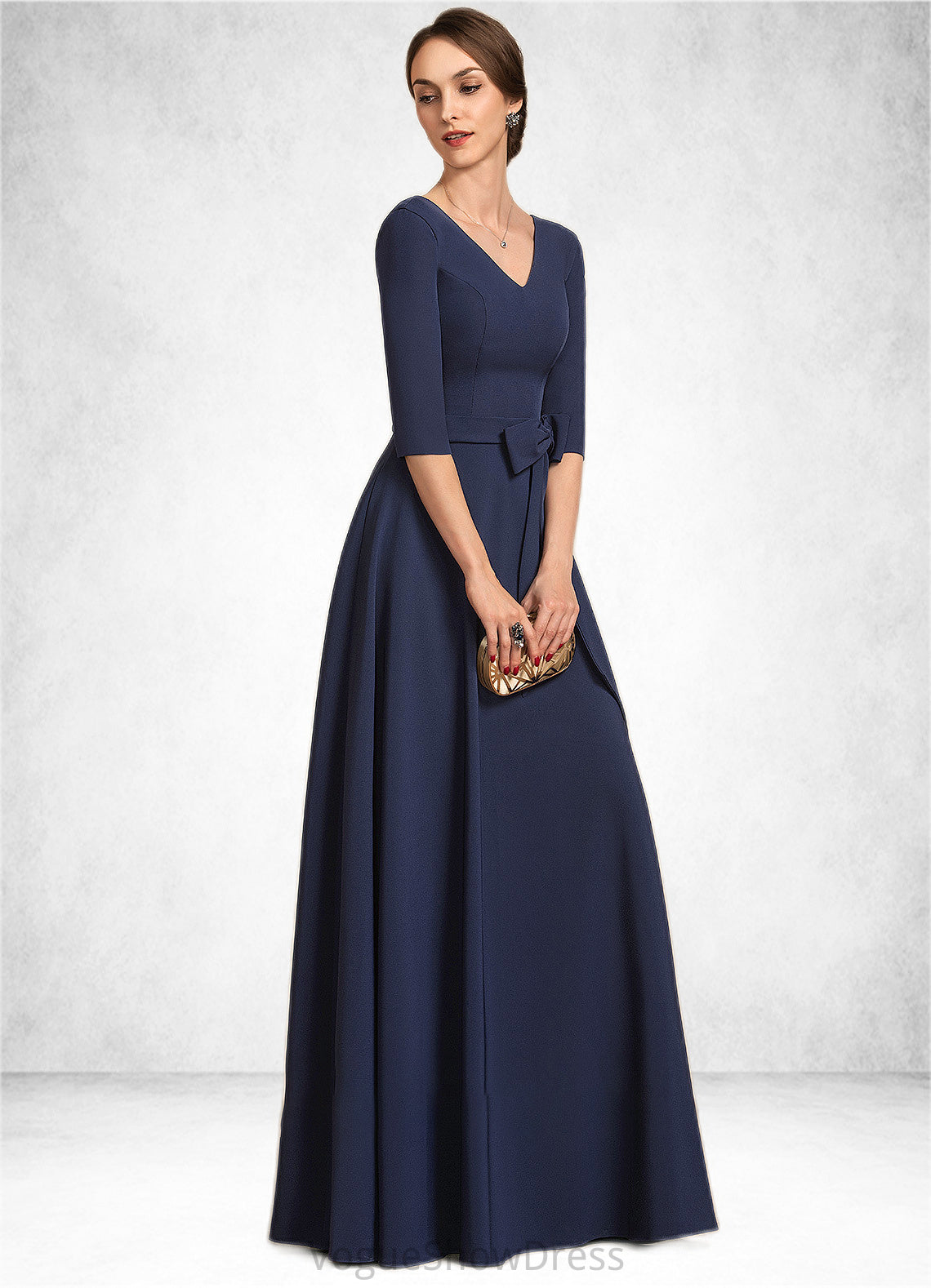 Jakayla A-Line V-neck Floor-Length Stretch Crepe Mother of the Bride Dress With Bow(s) DL126P0014831