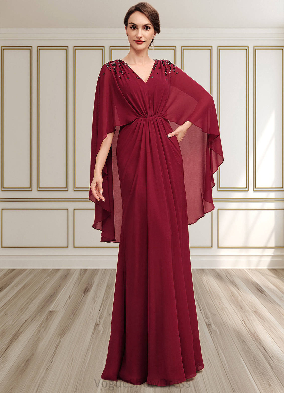 Naomi A-Line V-neck Floor-Length Chiffon Mother of the Bride Dress With Ruffle Beading Sequins DL126P0014833