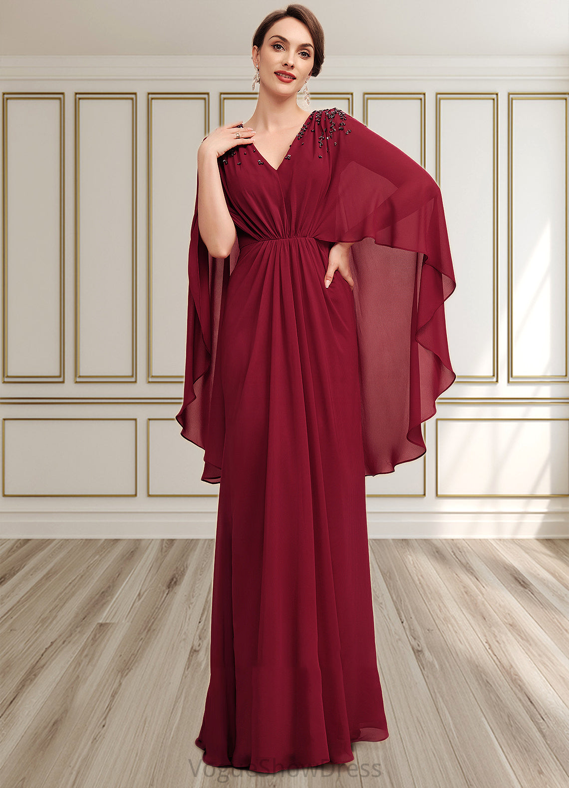 Naomi A-Line V-neck Floor-Length Chiffon Mother of the Bride Dress With Ruffle Beading Sequins DL126P0014833