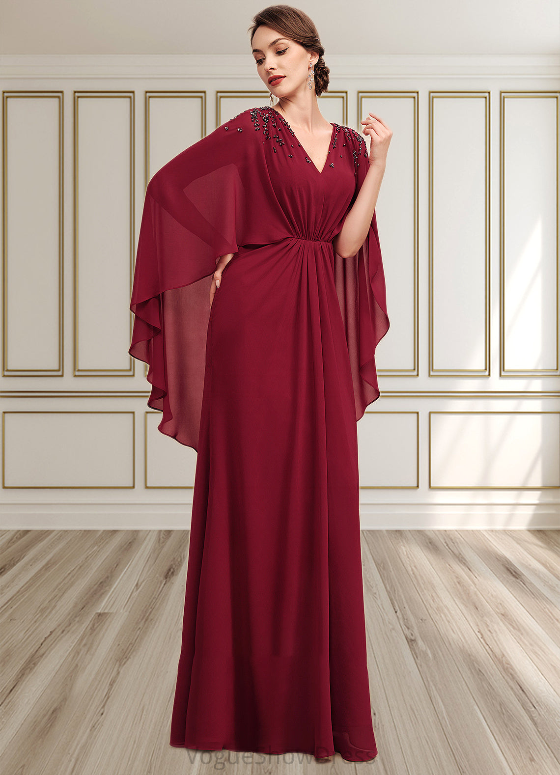 Naomi A-Line V-neck Floor-Length Chiffon Mother of the Bride Dress With Ruffle Beading Sequins DL126P0014833