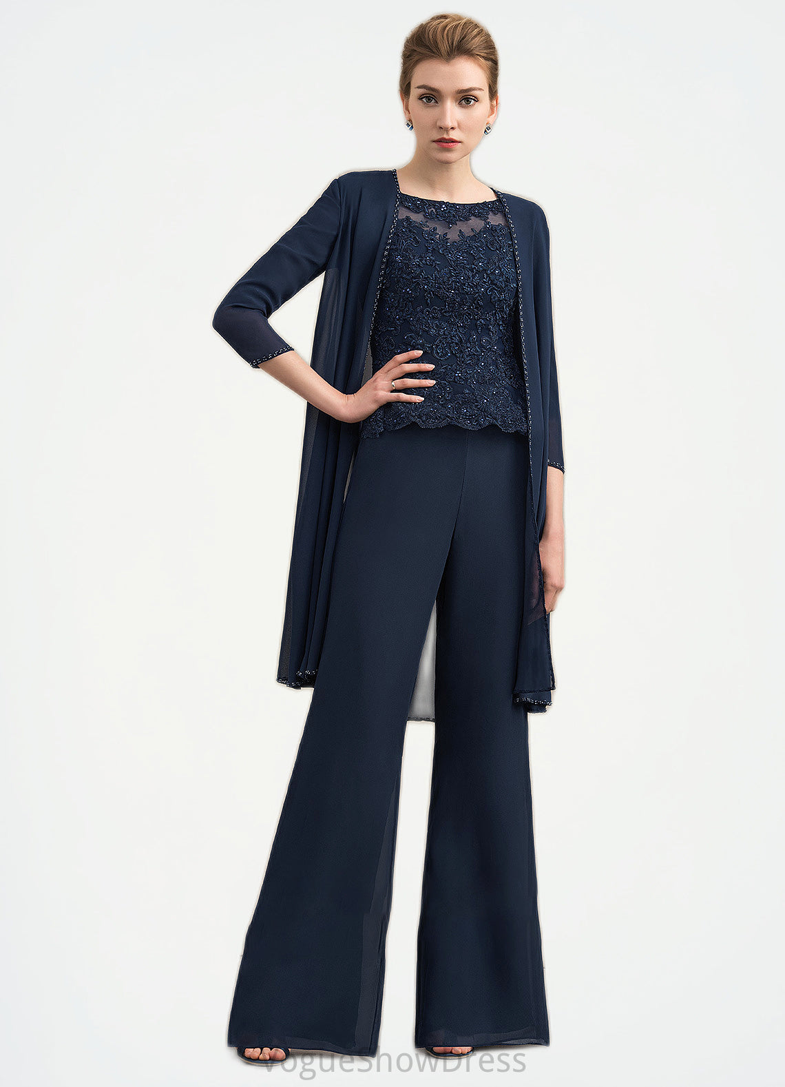 Kamryn Jumpsuit/Pantsuit Scoop Neck Floor-Length Chiffon Lace Mother of the Bride Dress With Beading DL126P0014836