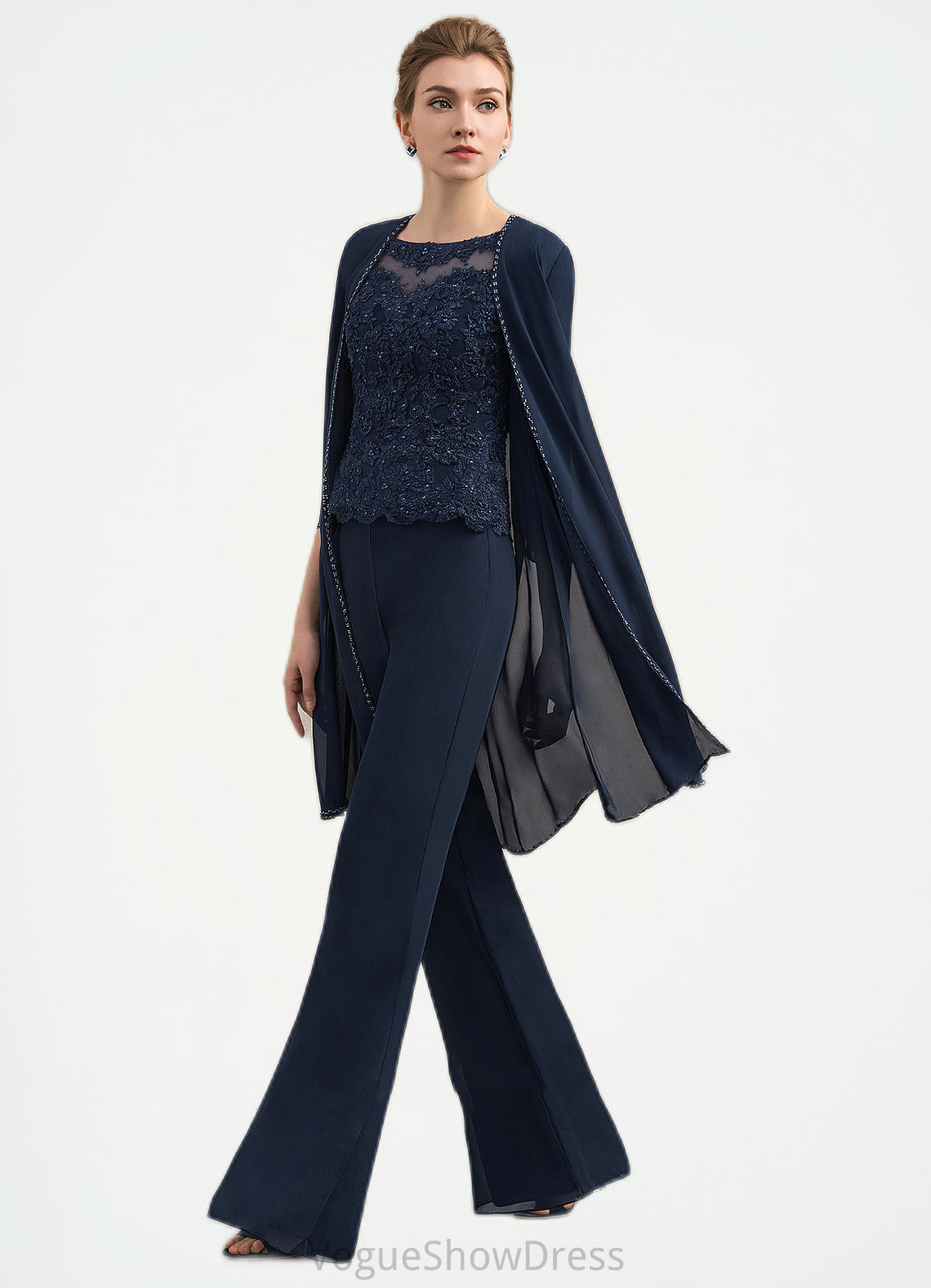 Kamryn Jumpsuit/Pantsuit Scoop Neck Floor-Length Chiffon Lace Mother of the Bride Dress With Beading DL126P0014836