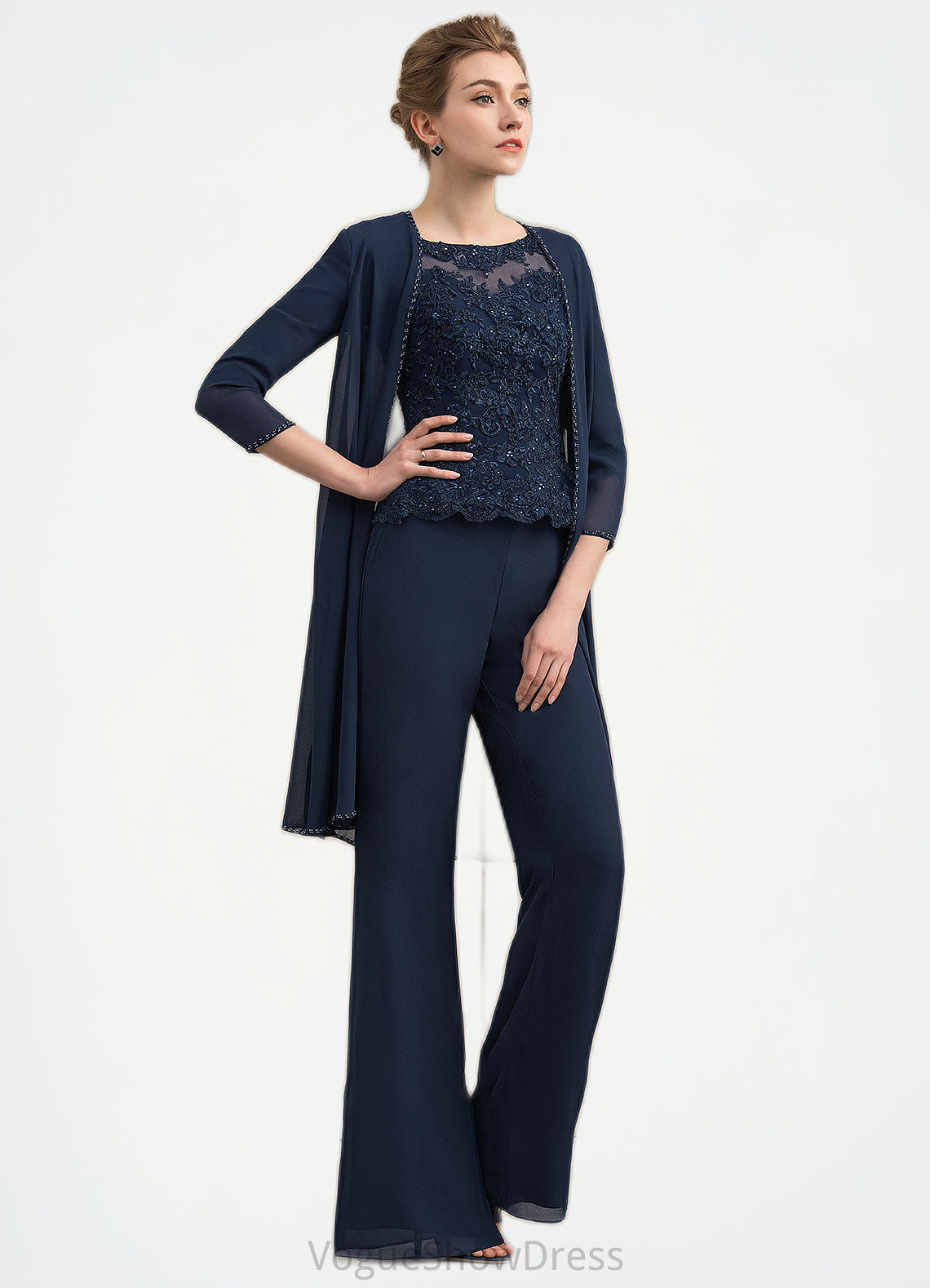 Kamryn Jumpsuit/Pantsuit Scoop Neck Floor-Length Chiffon Lace Mother of the Bride Dress With Beading DL126P0014836