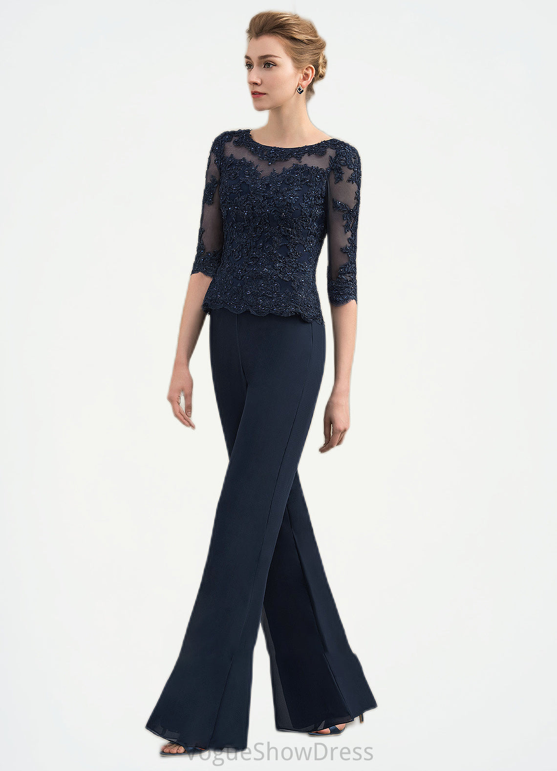 Kamryn Jumpsuit/Pantsuit Scoop Neck Floor-Length Chiffon Lace Mother of the Bride Dress With Beading DL126P0014836