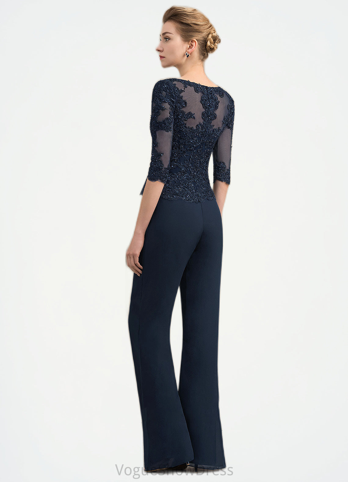 Kamryn Jumpsuit/Pantsuit Scoop Neck Floor-Length Chiffon Lace Mother of the Bride Dress With Beading DL126P0014836