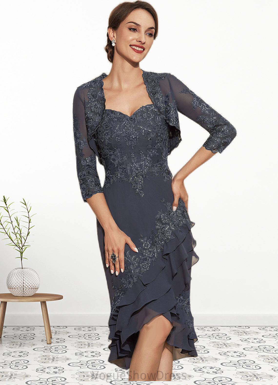 Genesis Sheath/Column Sweetheart Asymmetrical Chiffon Lace Mother of the Bride Dress With Sequins Cascading Ruffles DL126P0014837