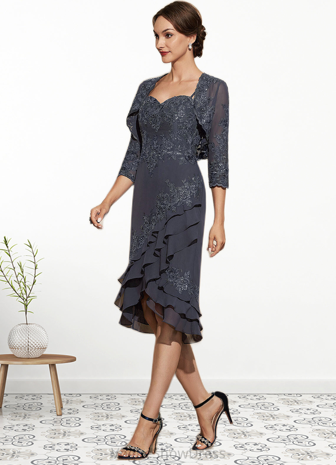 Genesis Sheath/Column Sweetheart Asymmetrical Chiffon Lace Mother of the Bride Dress With Sequins Cascading Ruffles DL126P0014837