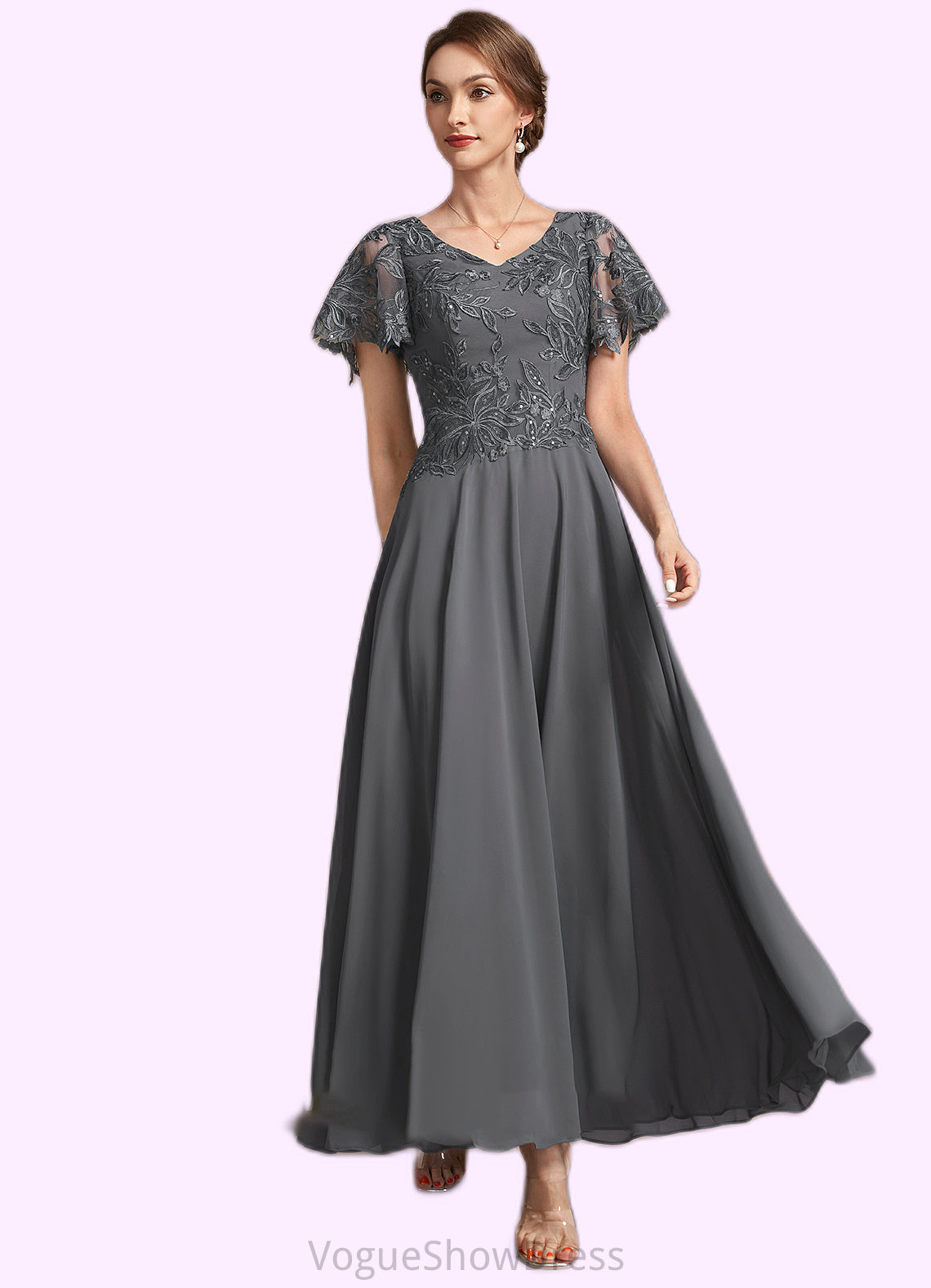 Mckayla A-Line V-neck Ankle-Length Chiffon Lace Mother of the Bride Dress With Sequins DL126P0014838