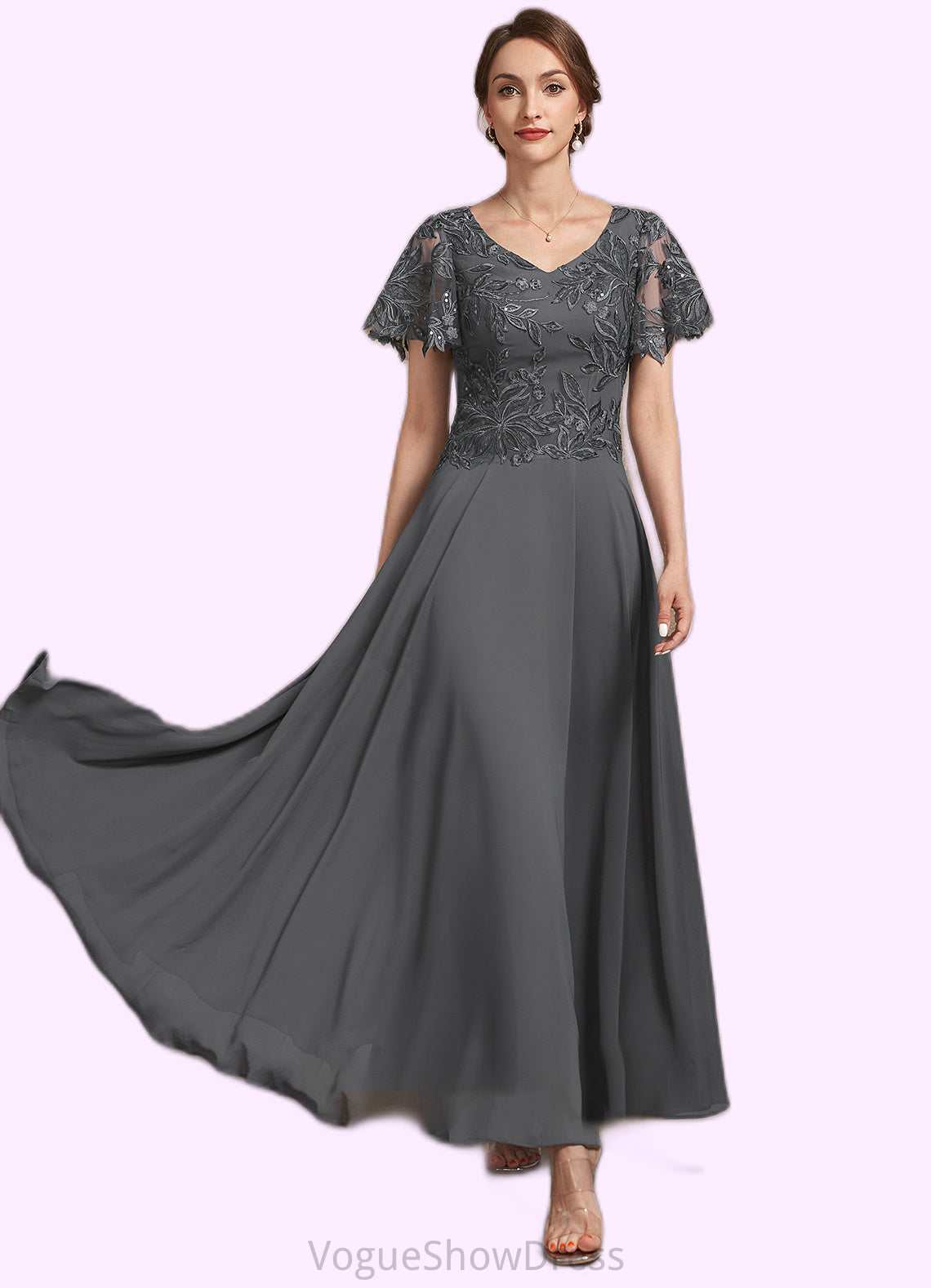 Mckayla A-Line V-neck Ankle-Length Chiffon Lace Mother of the Bride Dress With Sequins DL126P0014838