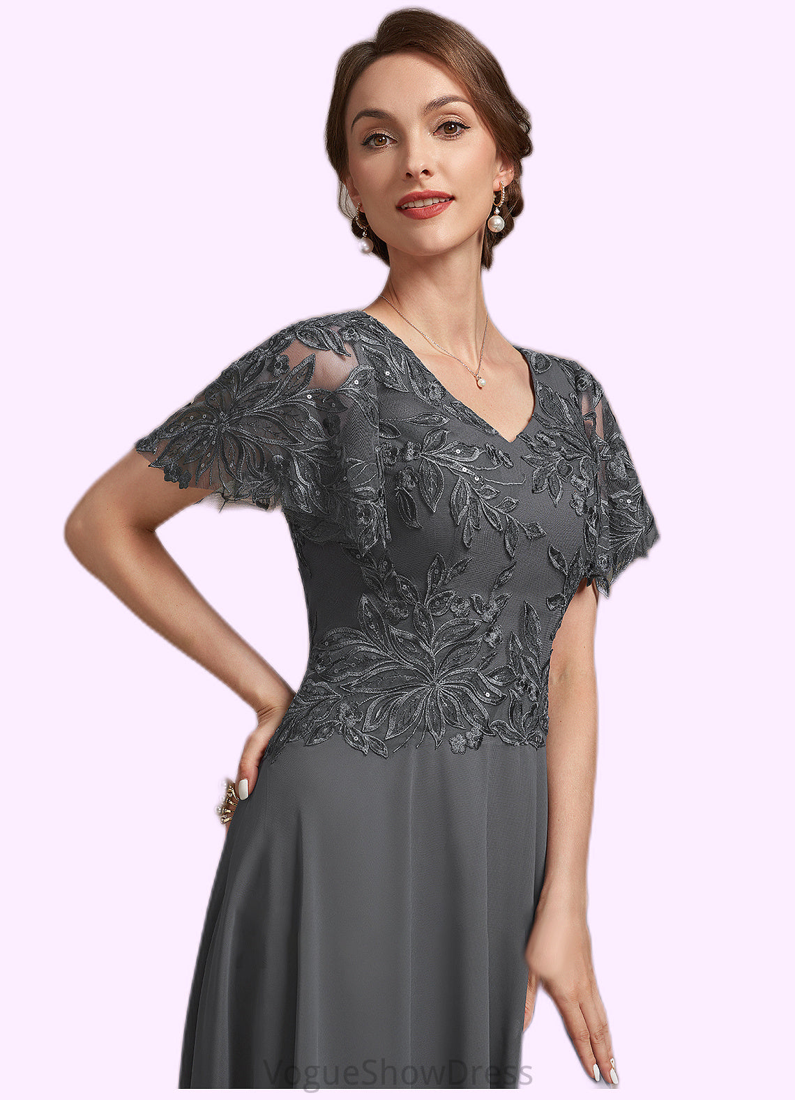 Mckayla A-Line V-neck Ankle-Length Chiffon Lace Mother of the Bride Dress With Sequins DL126P0014838