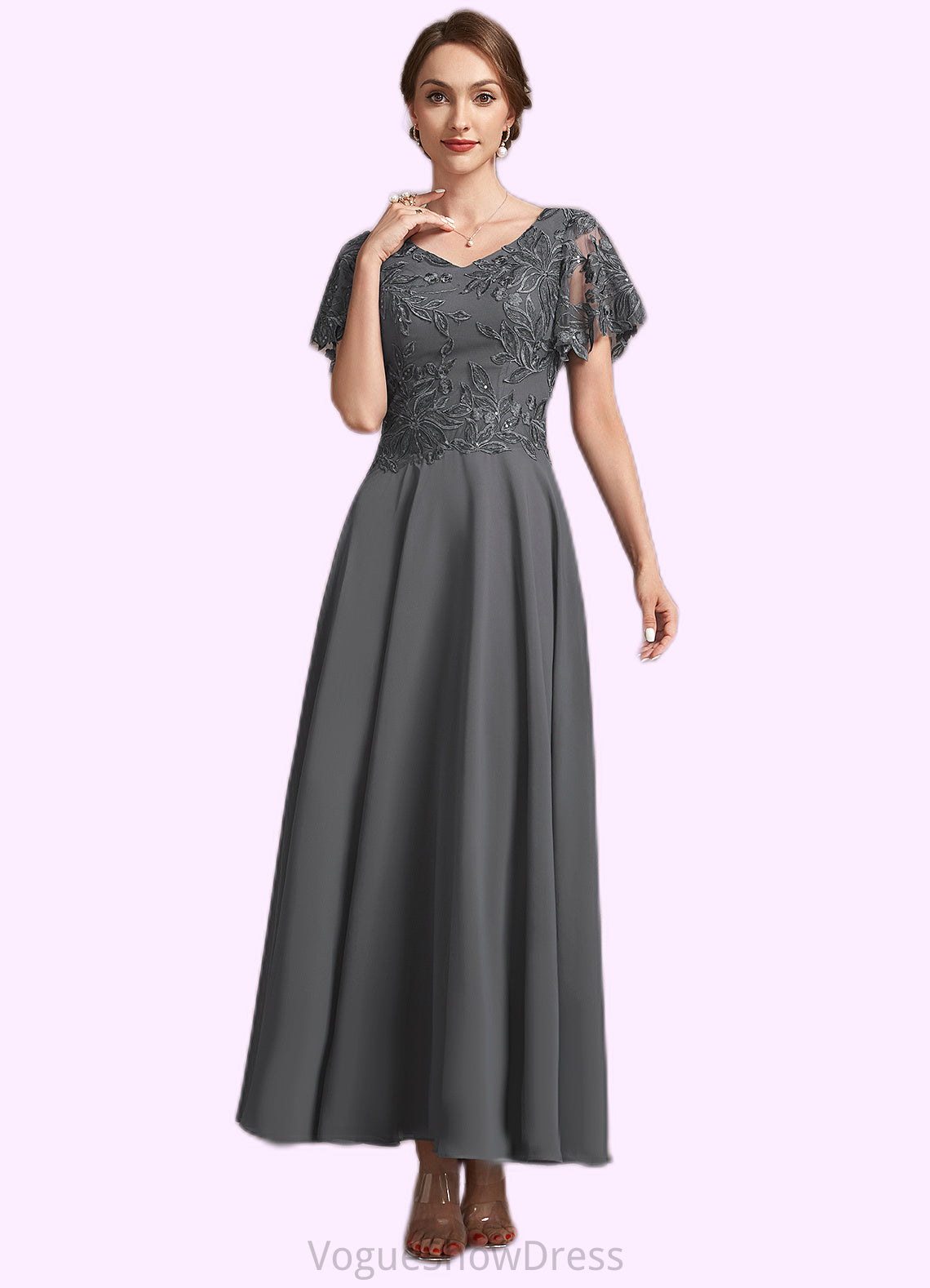 Mckayla A-Line V-neck Ankle-Length Chiffon Lace Mother of the Bride Dress With Sequins DL126P0014838