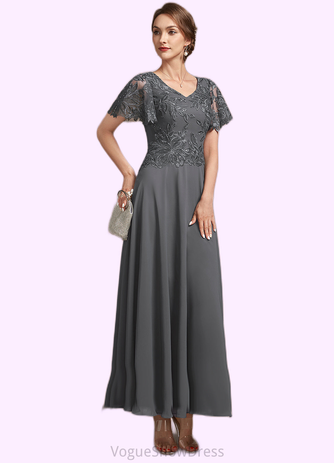 Mckayla A-Line V-neck Ankle-Length Chiffon Lace Mother of the Bride Dress With Sequins DL126P0014838