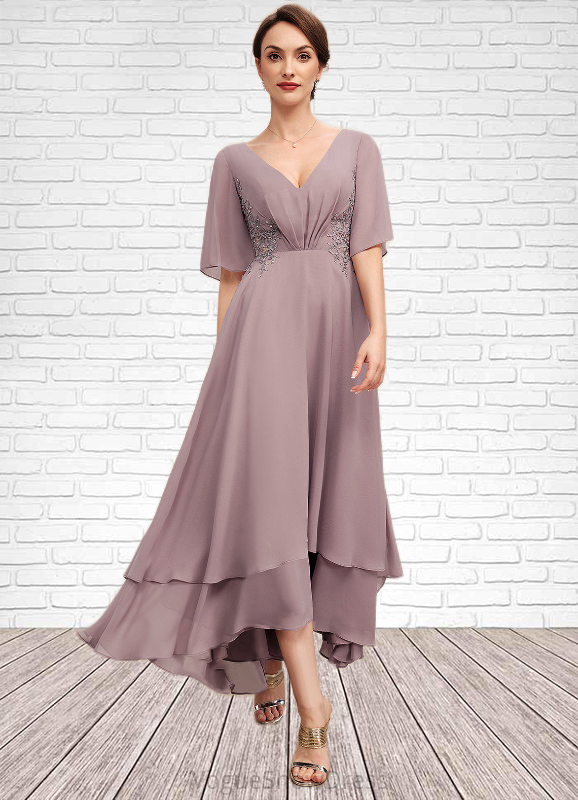 Shaniya A-Line V-neck Asymmetrical Chiffon Mother of the Bride Dress With Ruffle Lace Beading DL126P0014839