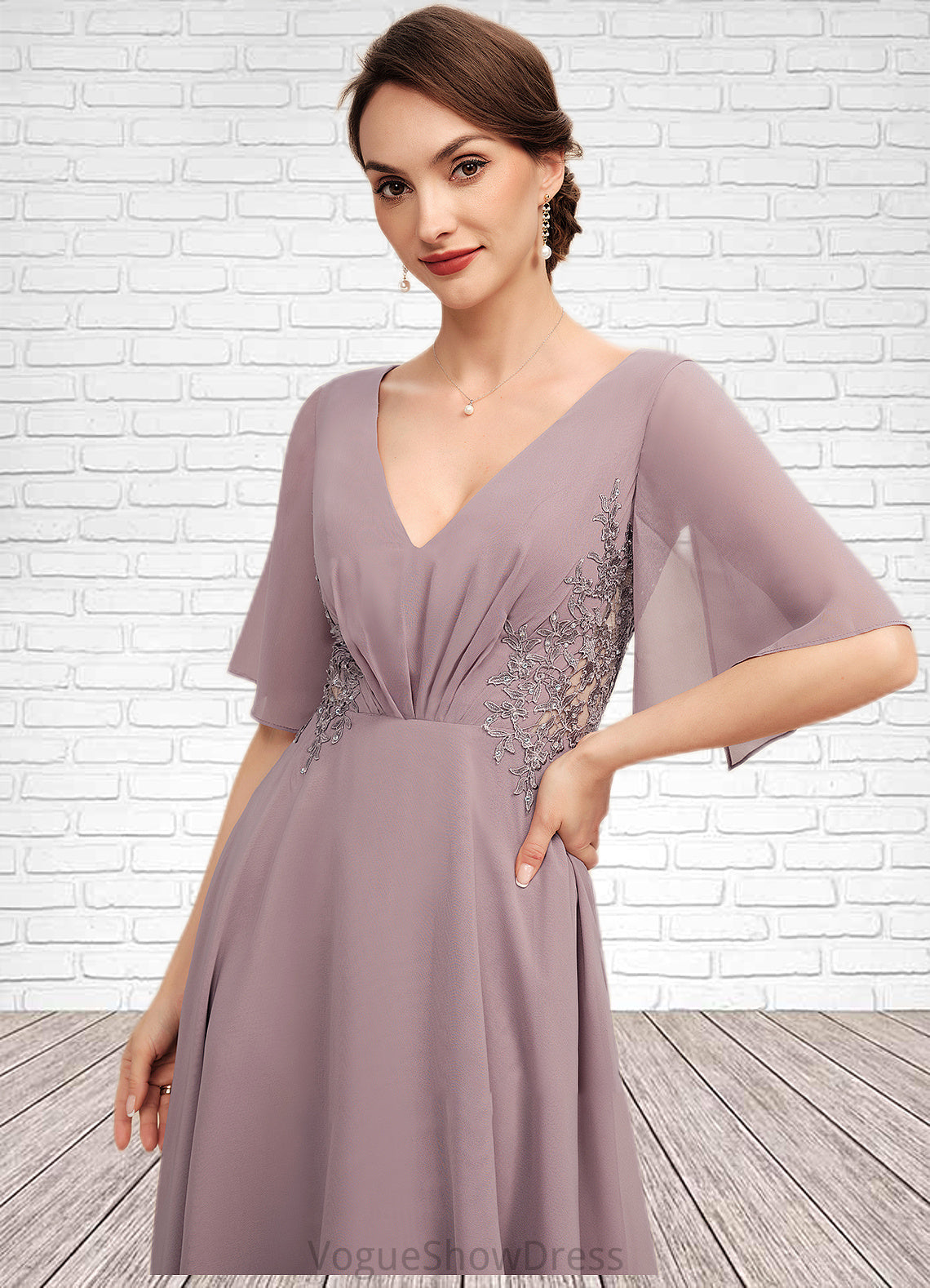 Shaniya A-Line V-neck Asymmetrical Chiffon Mother of the Bride Dress With Ruffle Lace Beading DL126P0014839