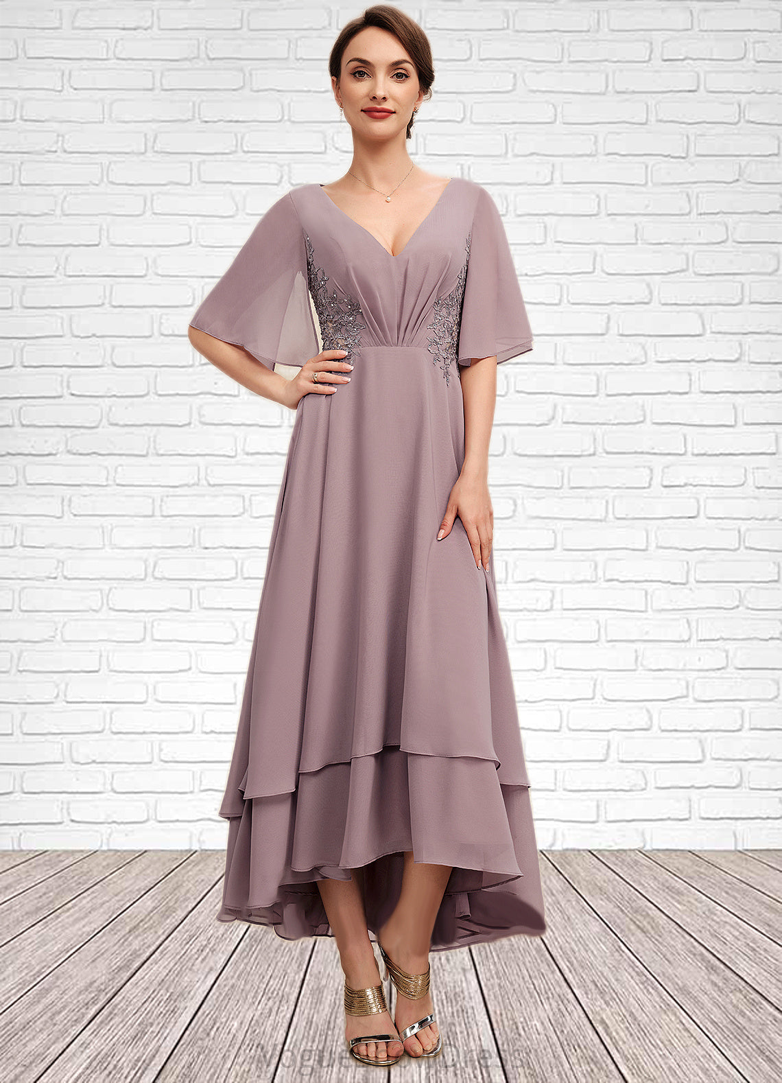 Shaniya A-Line V-neck Asymmetrical Chiffon Mother of the Bride Dress With Ruffle Lace Beading DL126P0014839