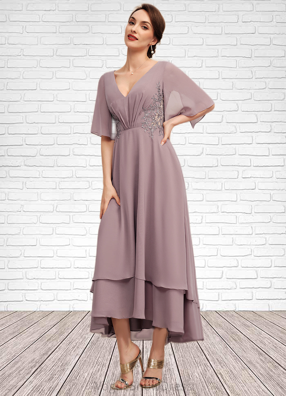 Shaniya A-Line V-neck Asymmetrical Chiffon Mother of the Bride Dress With Ruffle Lace Beading DL126P0014839