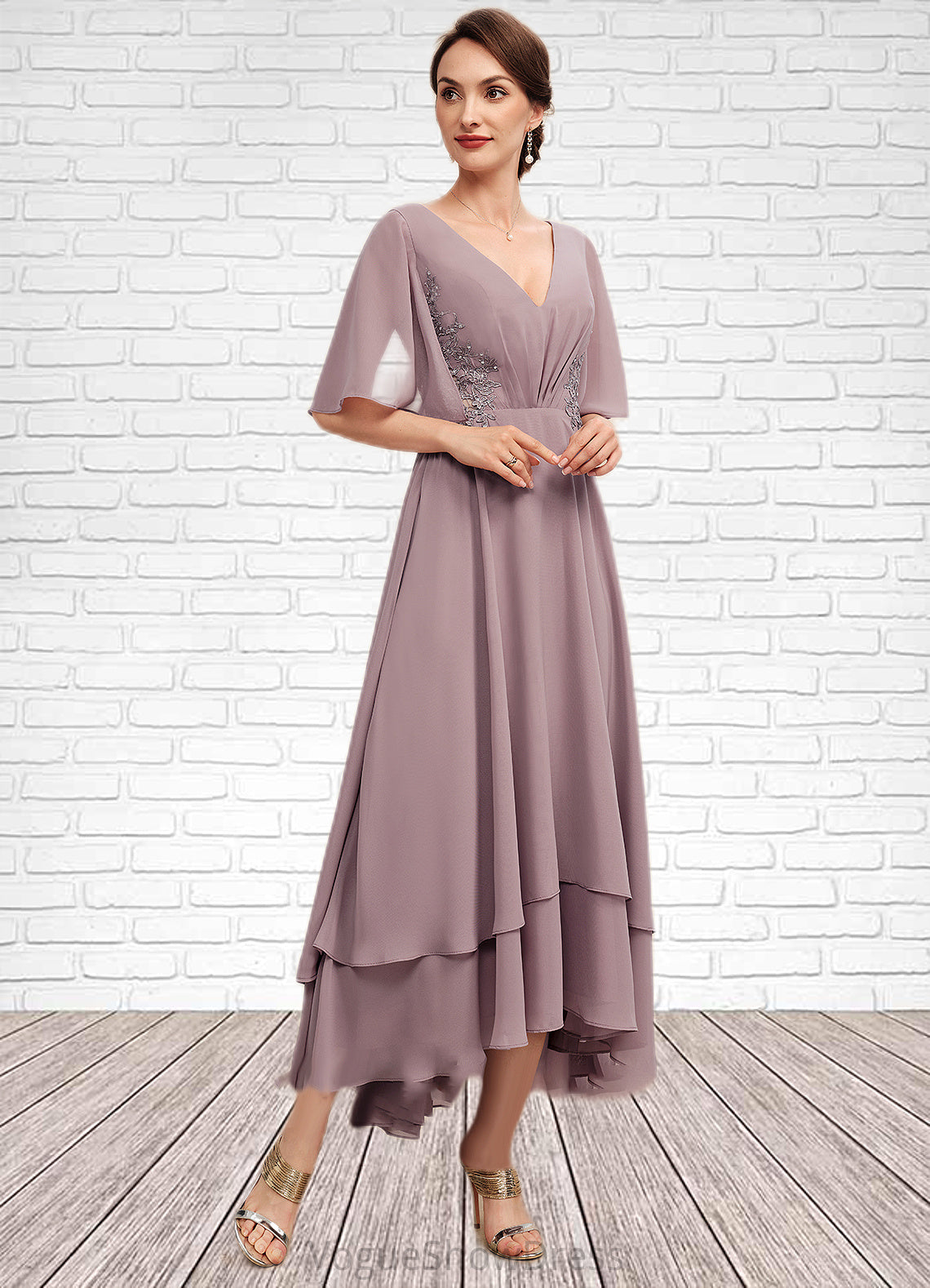 Shaniya A-Line V-neck Asymmetrical Chiffon Mother of the Bride Dress With Ruffle Lace Beading DL126P0014839