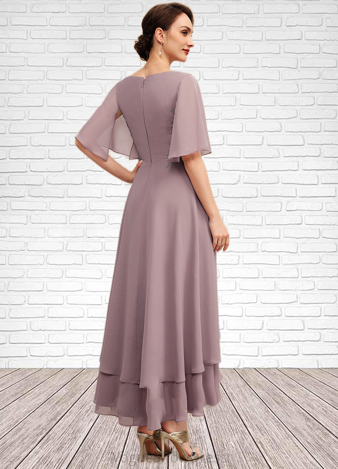 Shaniya A-Line V-neck Asymmetrical Chiffon Mother of the Bride Dress With Ruffle Lace Beading DL126P0014839