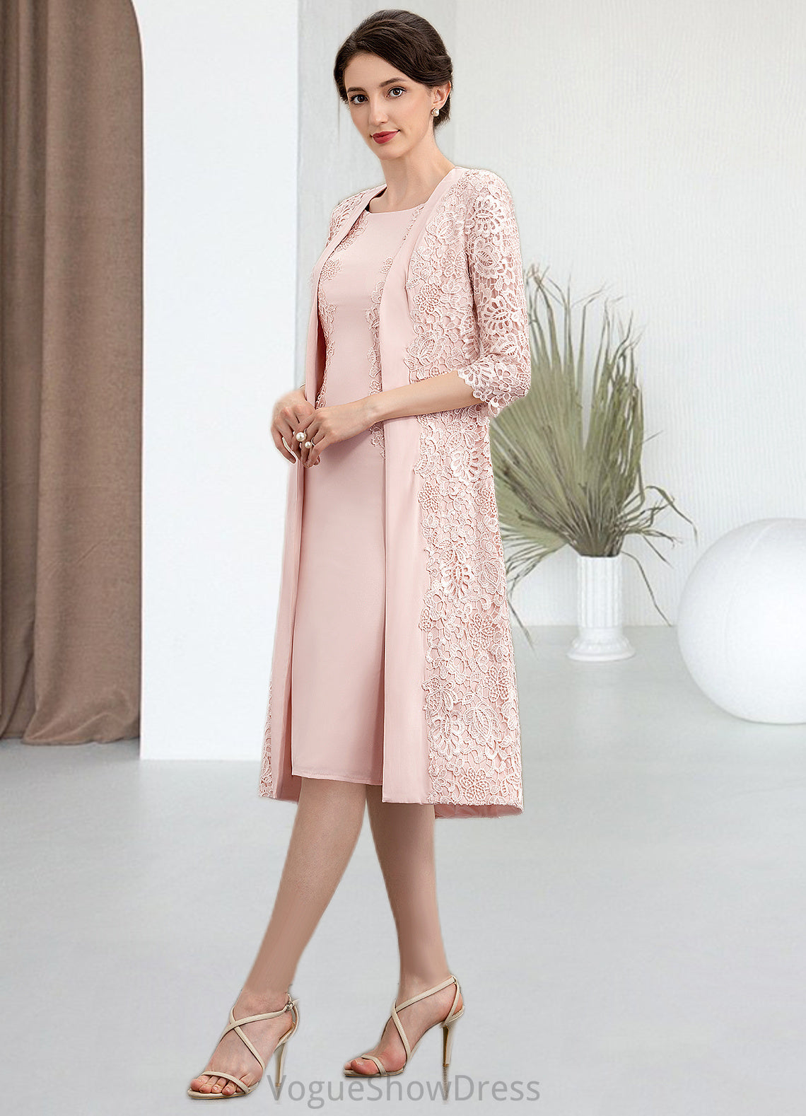 Mariyah Sheath/Column Scoop Neck Knee-Length Lace Stretch Crepe Mother of the Bride Dress DL126P0014843