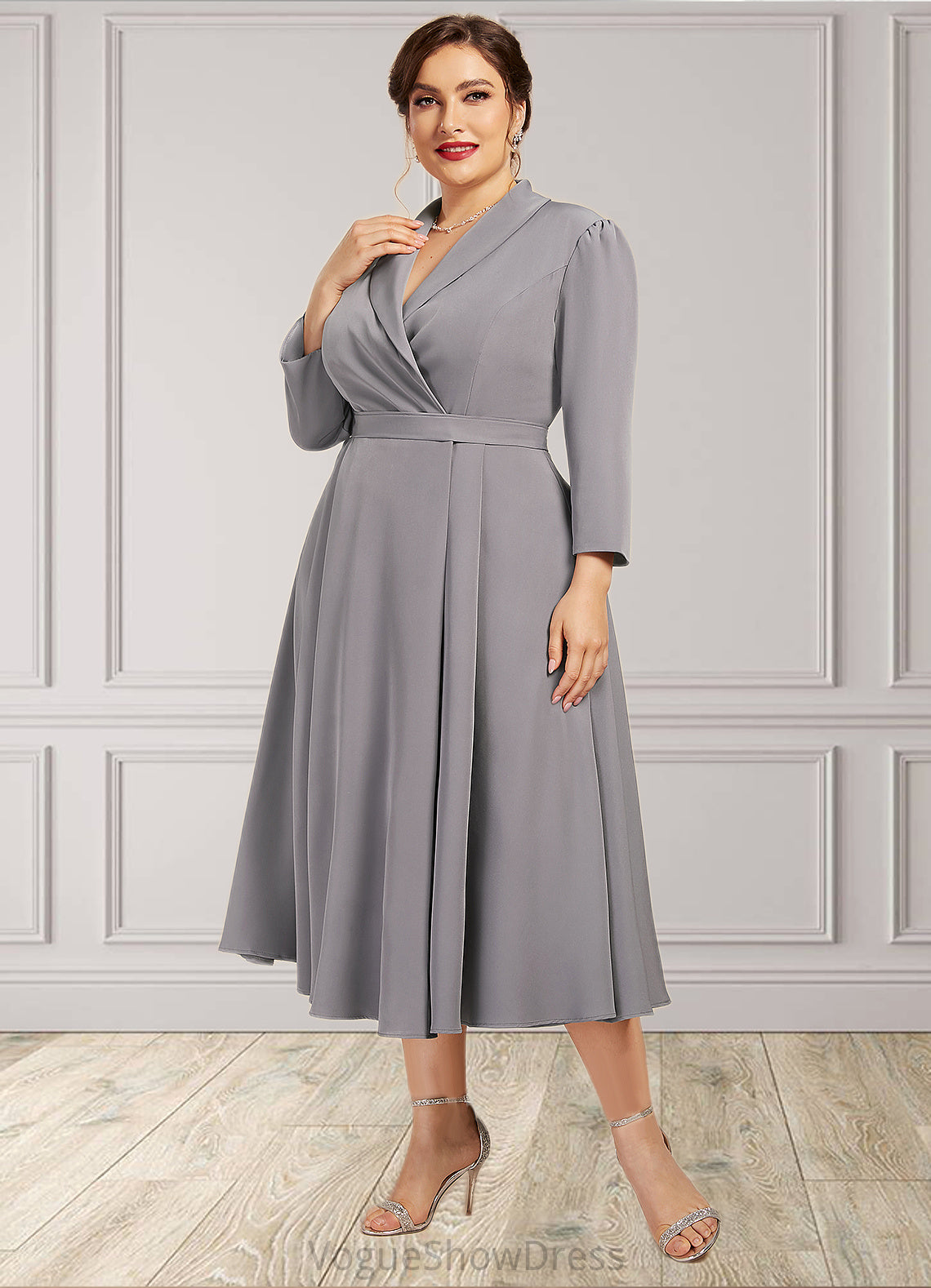 Lisa A-Line V-neck Tea-Length Stretch Crepe Mother of the Bride Dress DL126P0014844