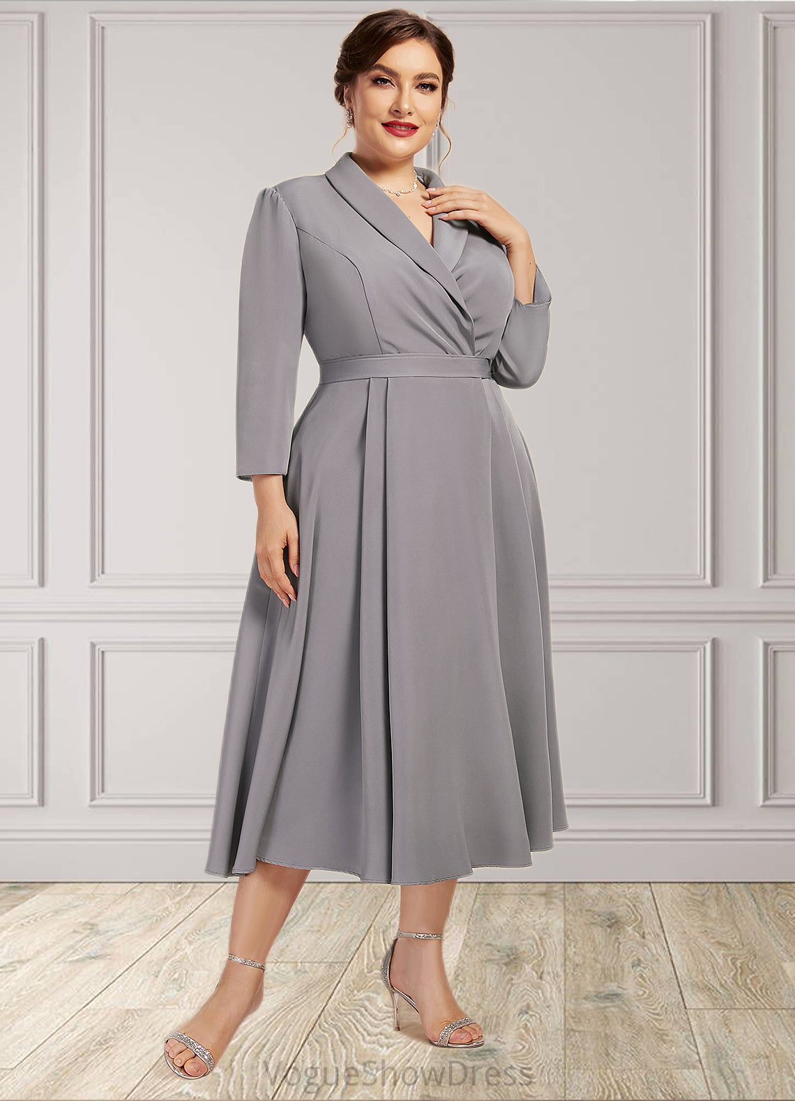 Lisa A-Line V-neck Tea-Length Stretch Crepe Mother of the Bride Dress DL126P0014844