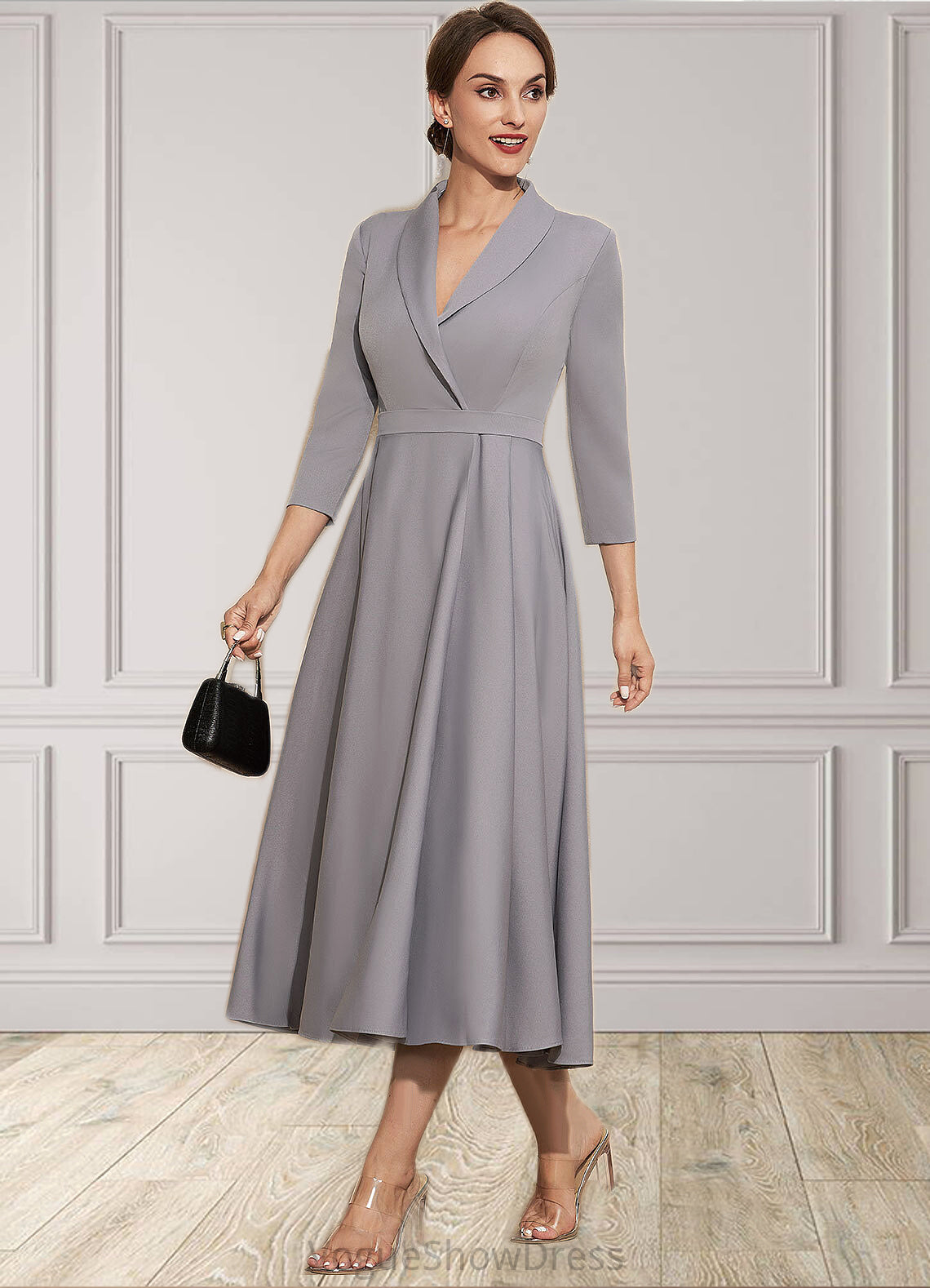 Lisa A-Line V-neck Tea-Length Stretch Crepe Mother of the Bride Dress DL126P0014844