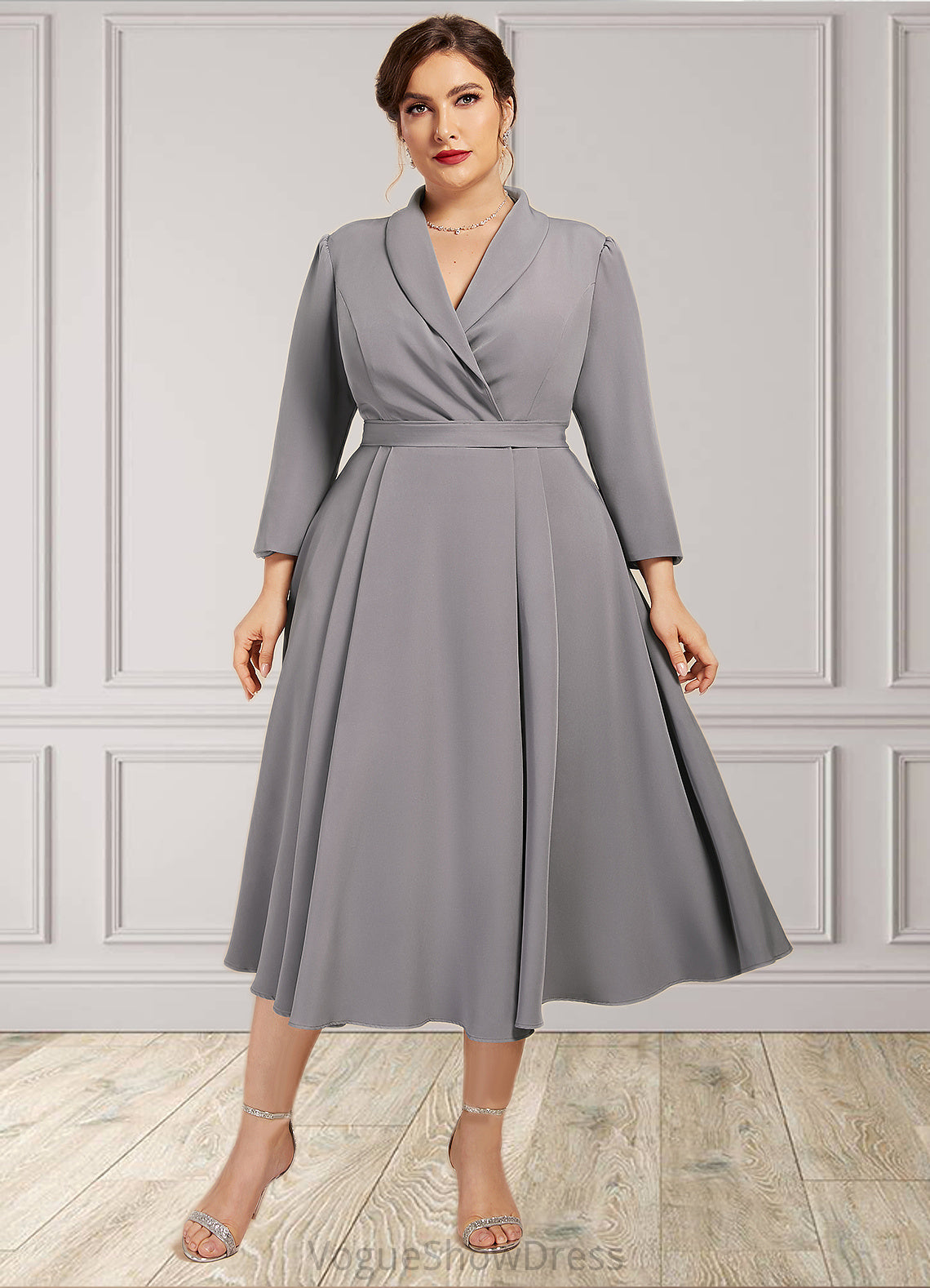 Lisa A-Line V-neck Tea-Length Stretch Crepe Mother of the Bride Dress DL126P0014844