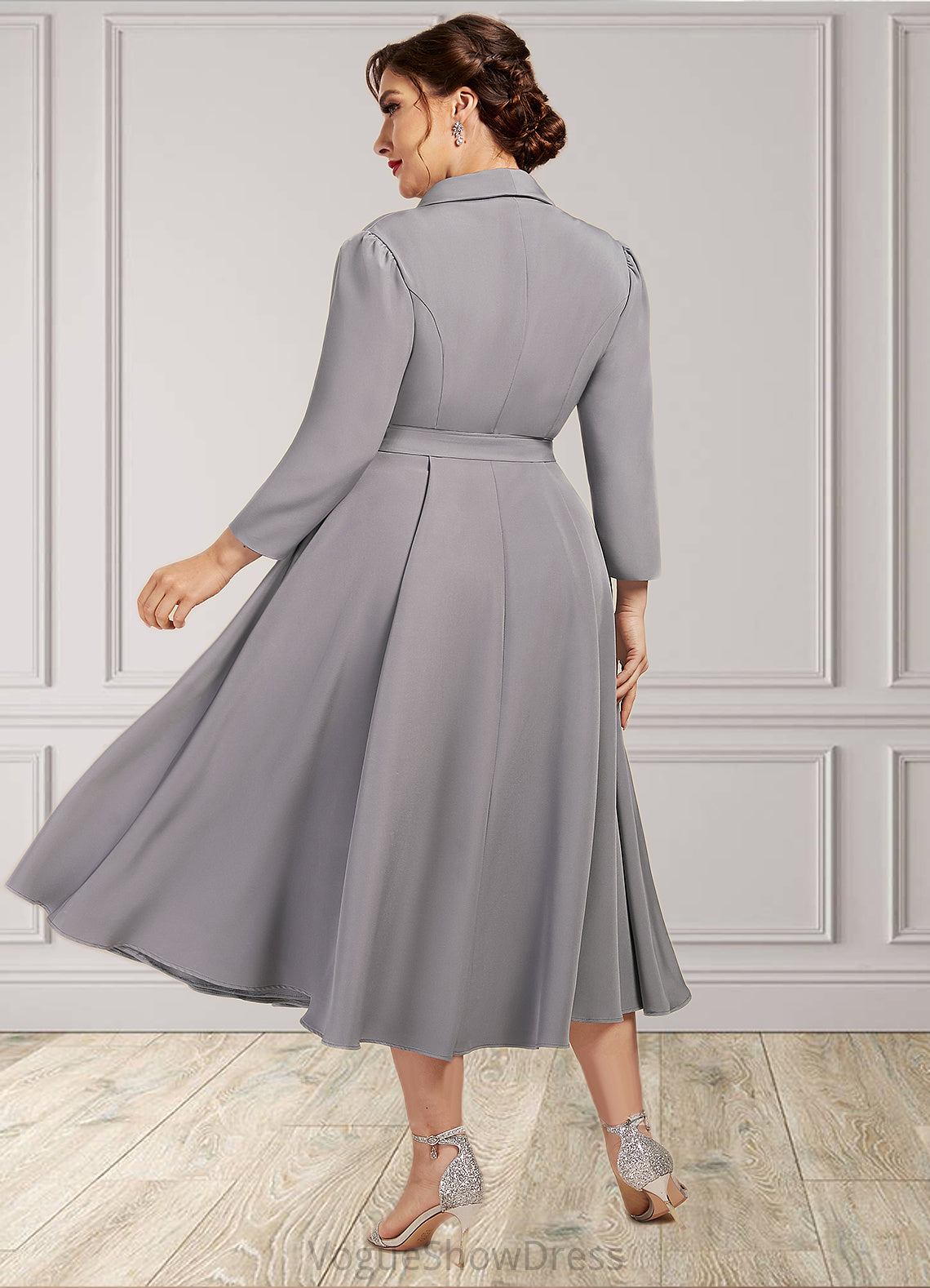 Lisa A-Line V-neck Tea-Length Stretch Crepe Mother of the Bride Dress DL126P0014844