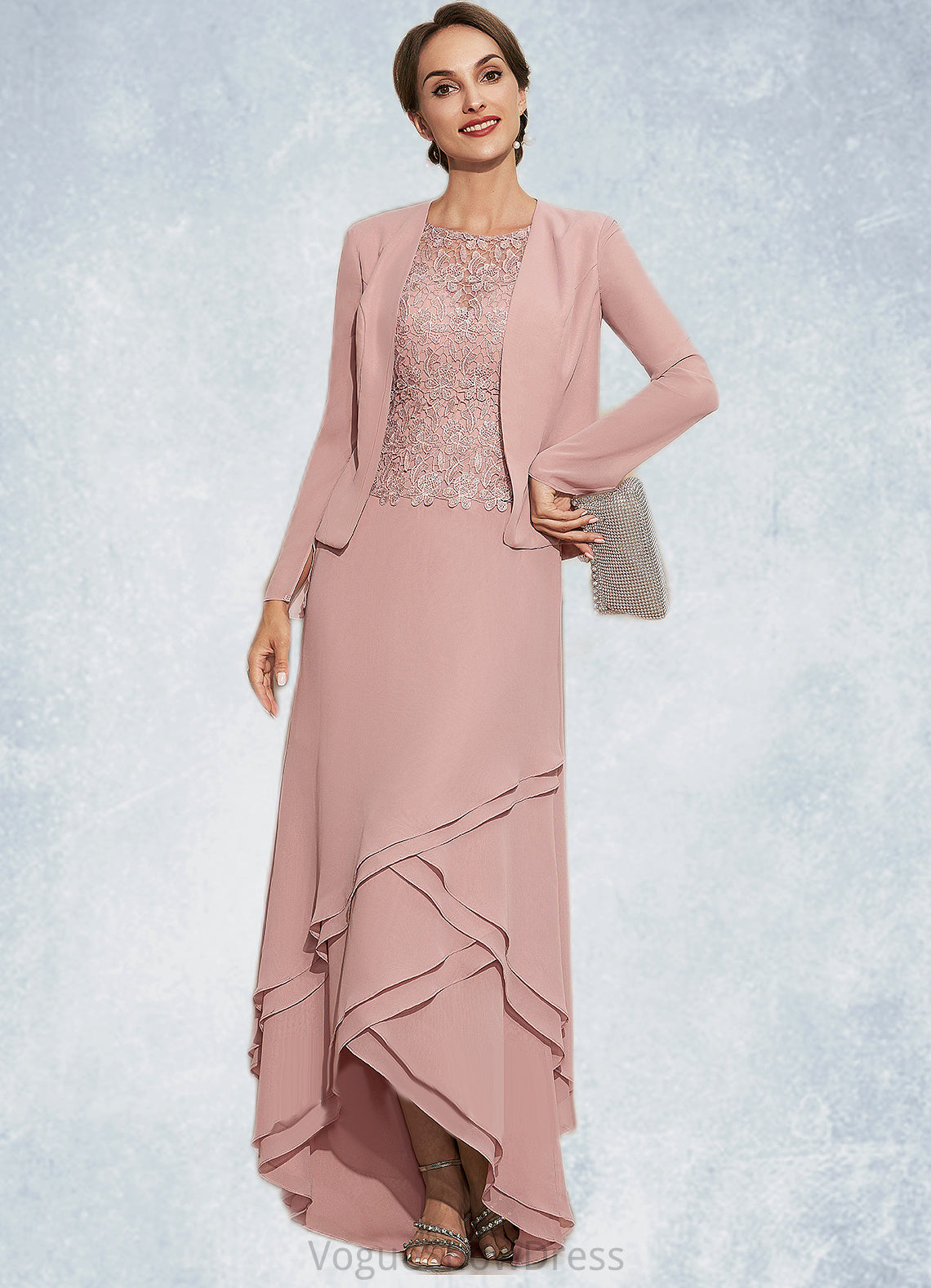 Val A-Line Scoop Neck Asymmetrical Chiffon Lace Mother of the Bride Dress With Cascading Ruffles DL126P0014845