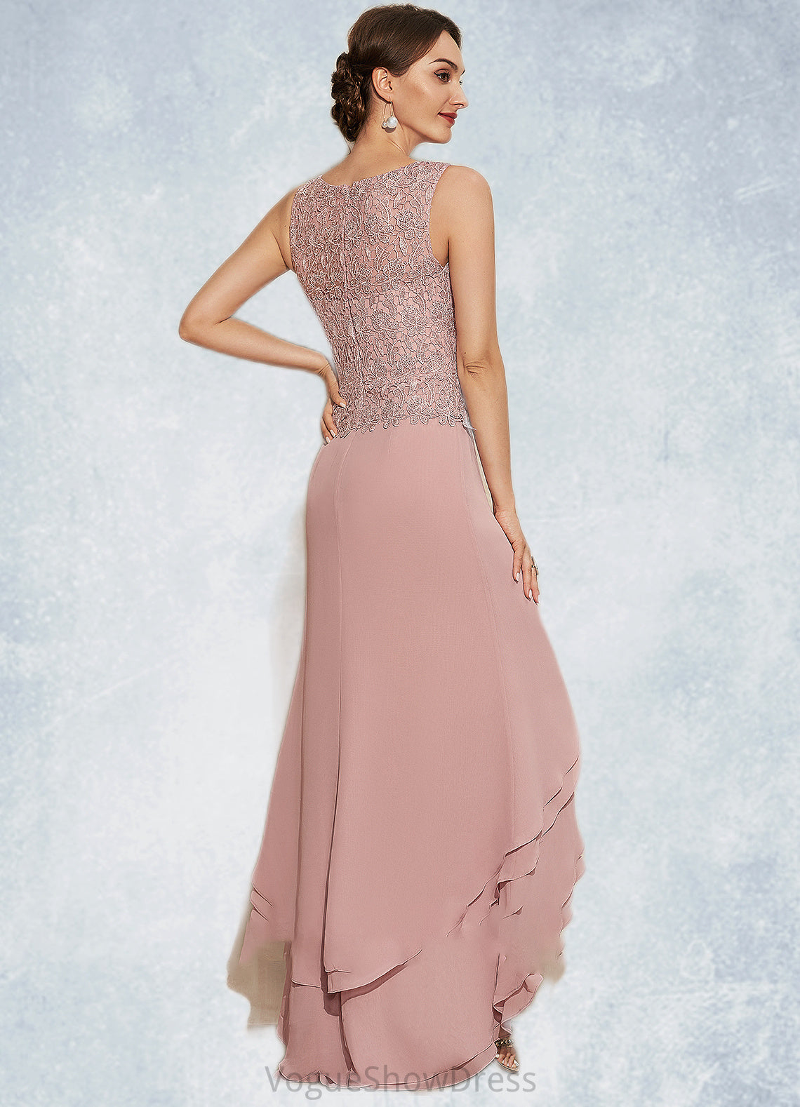 Val A-Line Scoop Neck Asymmetrical Chiffon Lace Mother of the Bride Dress With Cascading Ruffles DL126P0014845