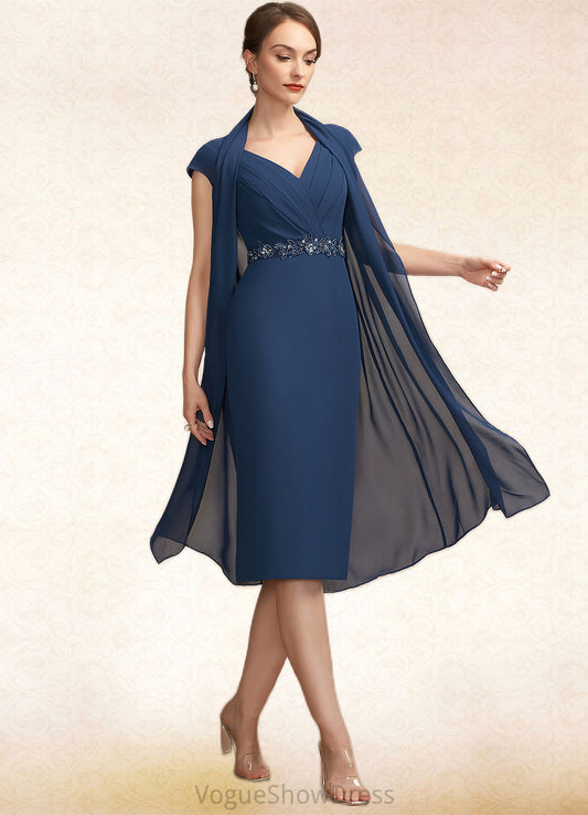 Everly Sheath/Column V-neck Knee-Length Chiffon Mother of the Bride Dress With Ruffle Beading Sequins DL126P0014847