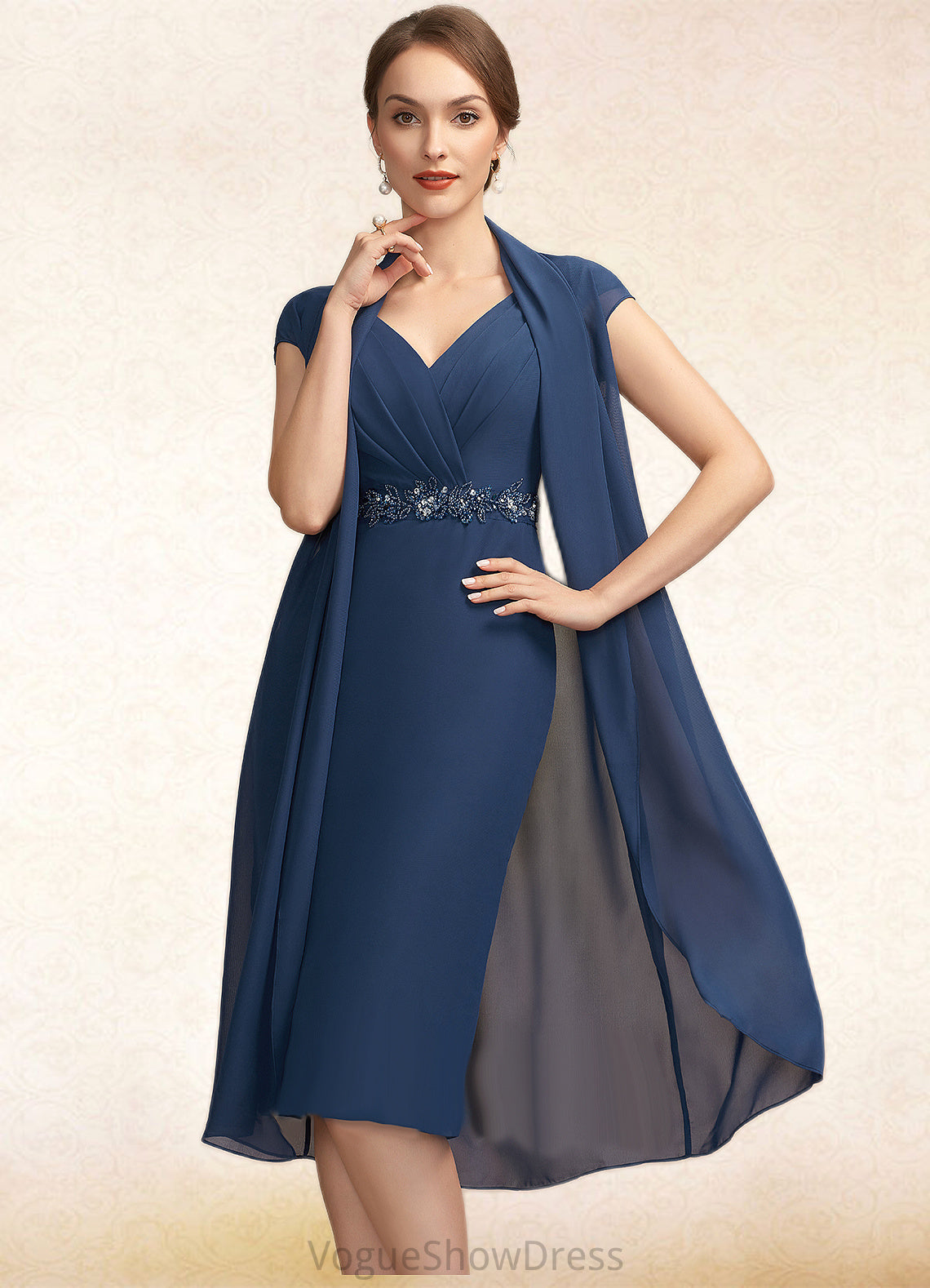 Everly Sheath/Column V-neck Knee-Length Chiffon Mother of the Bride Dress With Ruffle Beading Sequins DL126P0014847