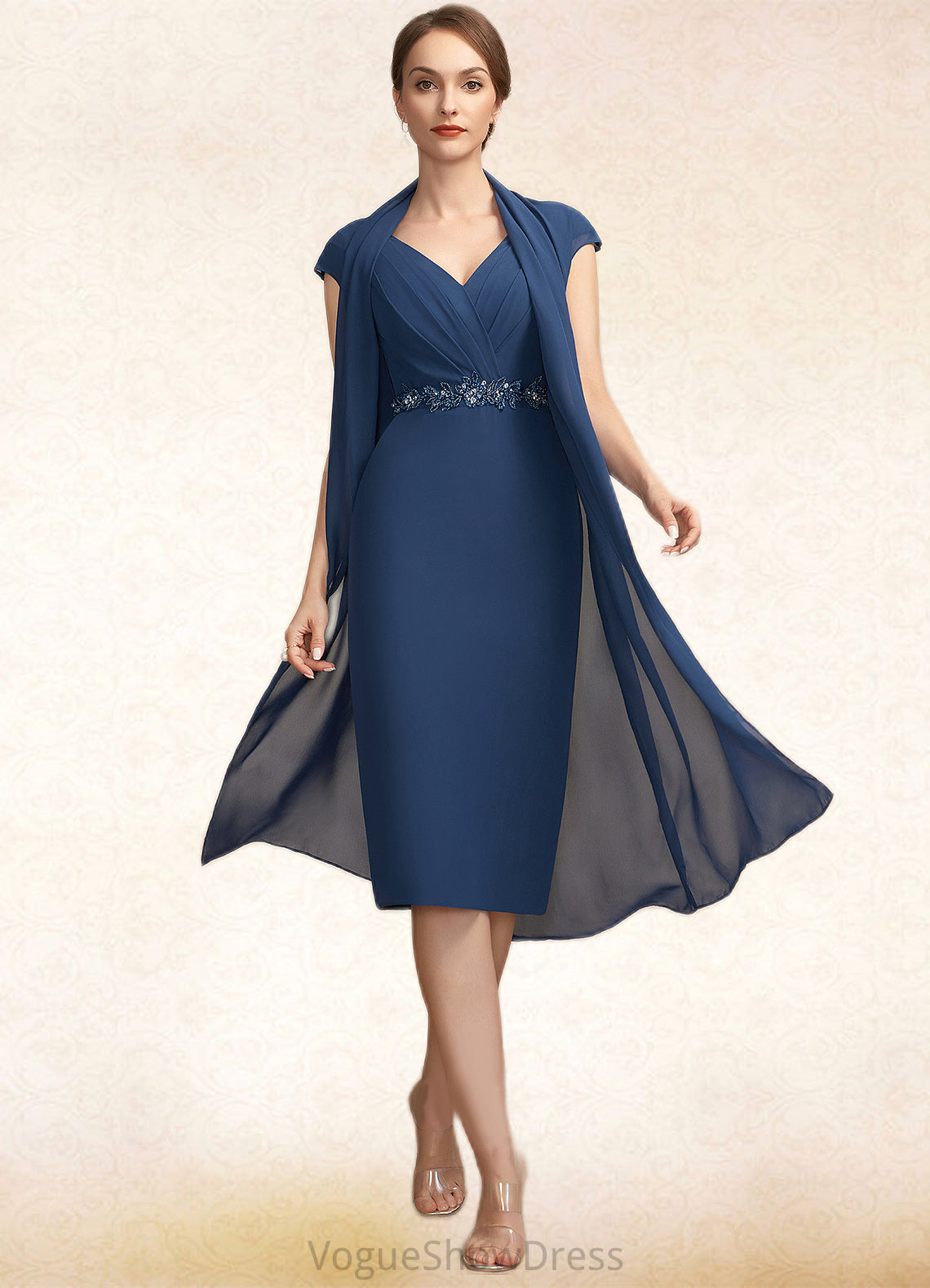 Everly Sheath/Column V-neck Knee-Length Chiffon Mother of the Bride Dress With Ruffle Beading Sequins DL126P0014847