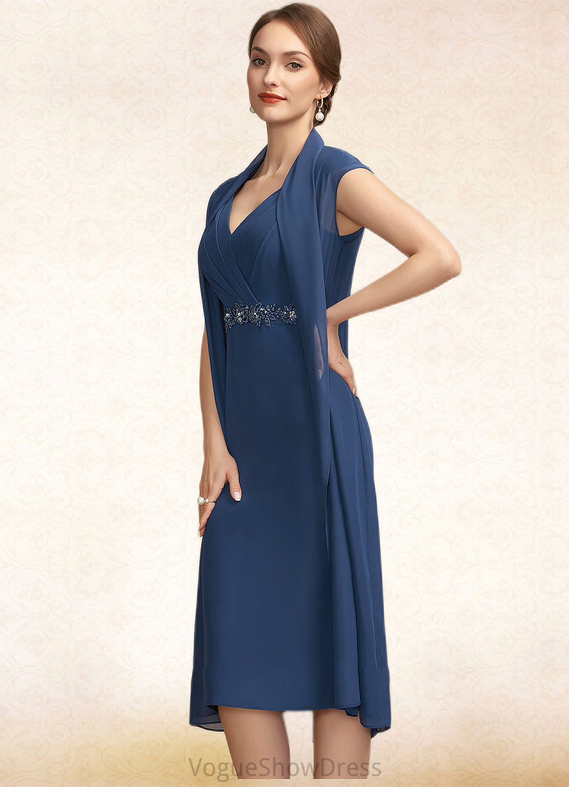 Everly Sheath/Column V-neck Knee-Length Chiffon Mother of the Bride Dress With Ruffle Beading Sequins DL126P0014847