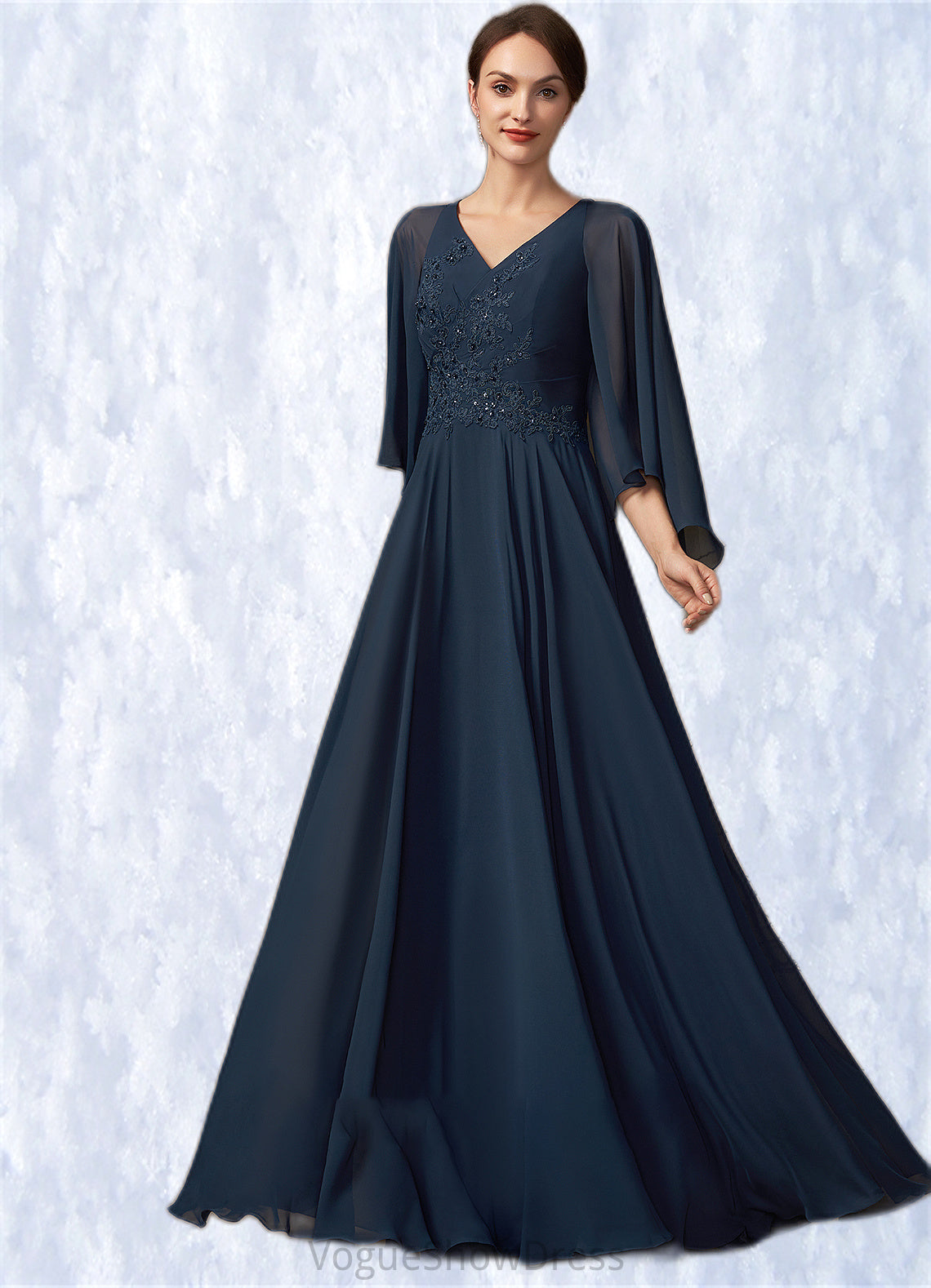 Maritza A-Line V-neck Floor-Length Chiffon Lace Mother of the Bride Dress With Beading Sequins DL126P0014849