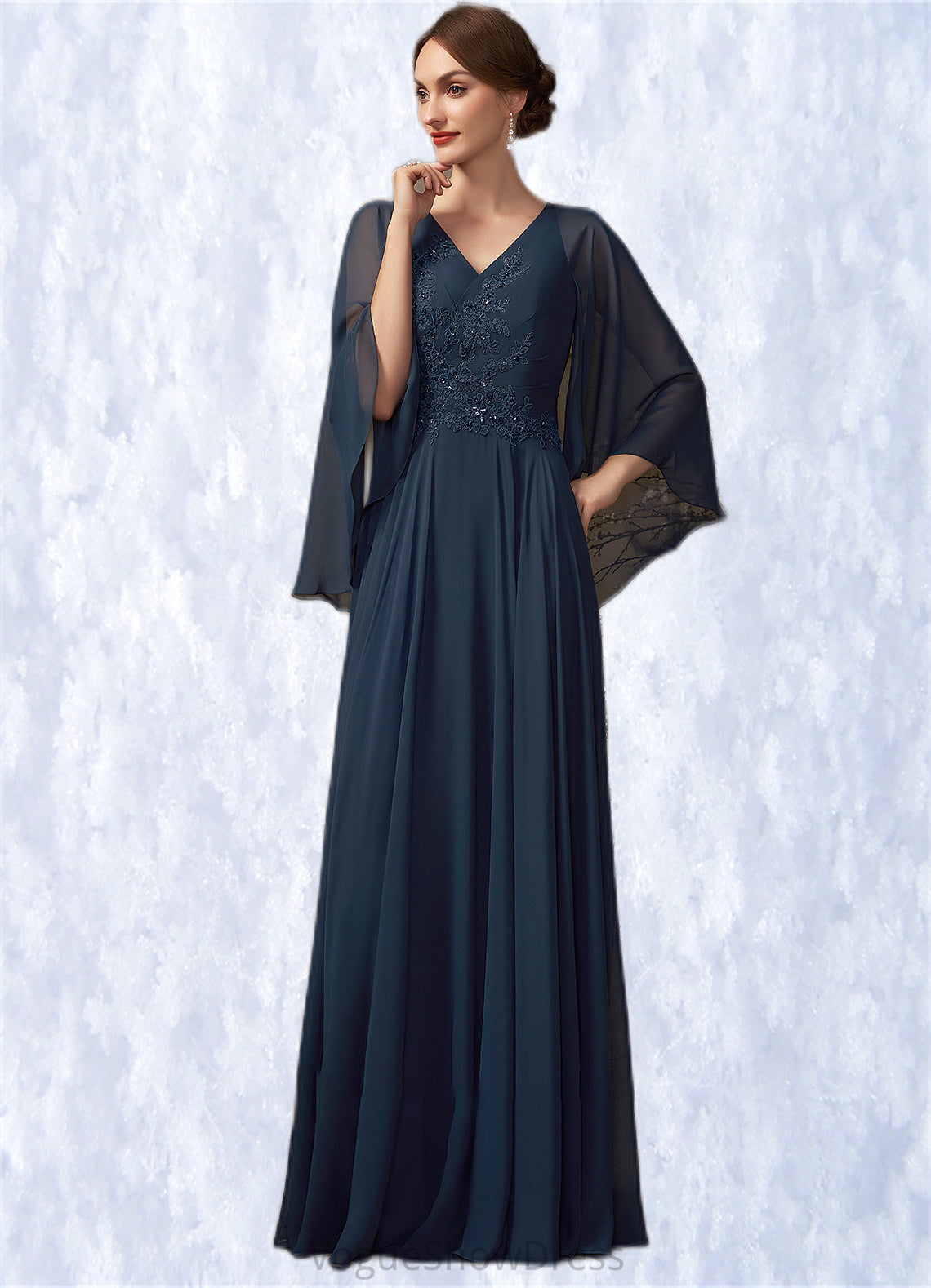 Maritza A-Line V-neck Floor-Length Chiffon Lace Mother of the Bride Dress With Beading Sequins DL126P0014849