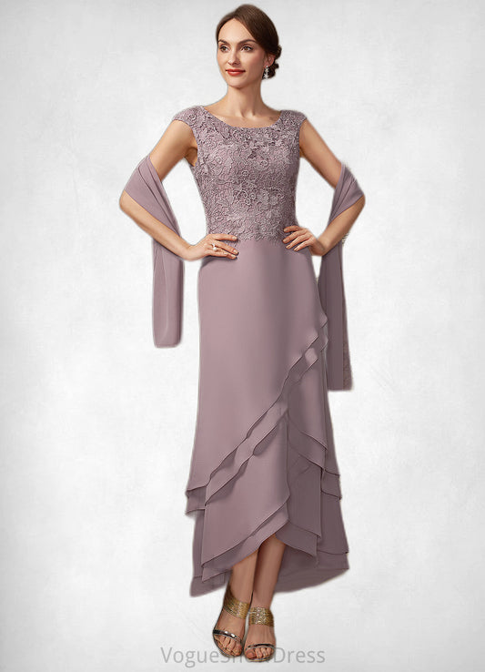 Sal A-Line Scoop Neck Asymmetrical Chiffon Lace Mother of the Bride Dress With Cascading Ruffles DL126P0014850