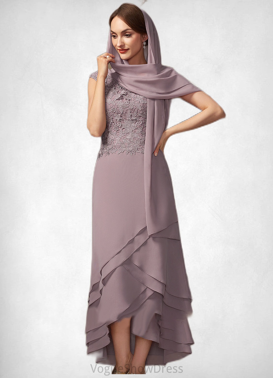 Sal A-Line Scoop Neck Asymmetrical Chiffon Lace Mother of the Bride Dress With Cascading Ruffles DL126P0014850