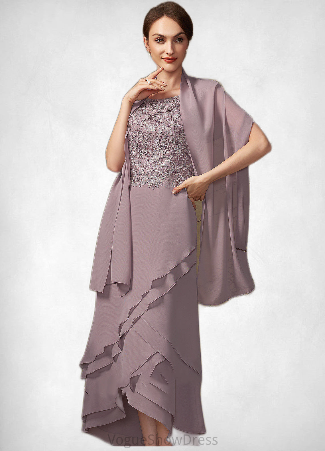 Sal A-Line Scoop Neck Asymmetrical Chiffon Lace Mother of the Bride Dress With Cascading Ruffles DL126P0014850