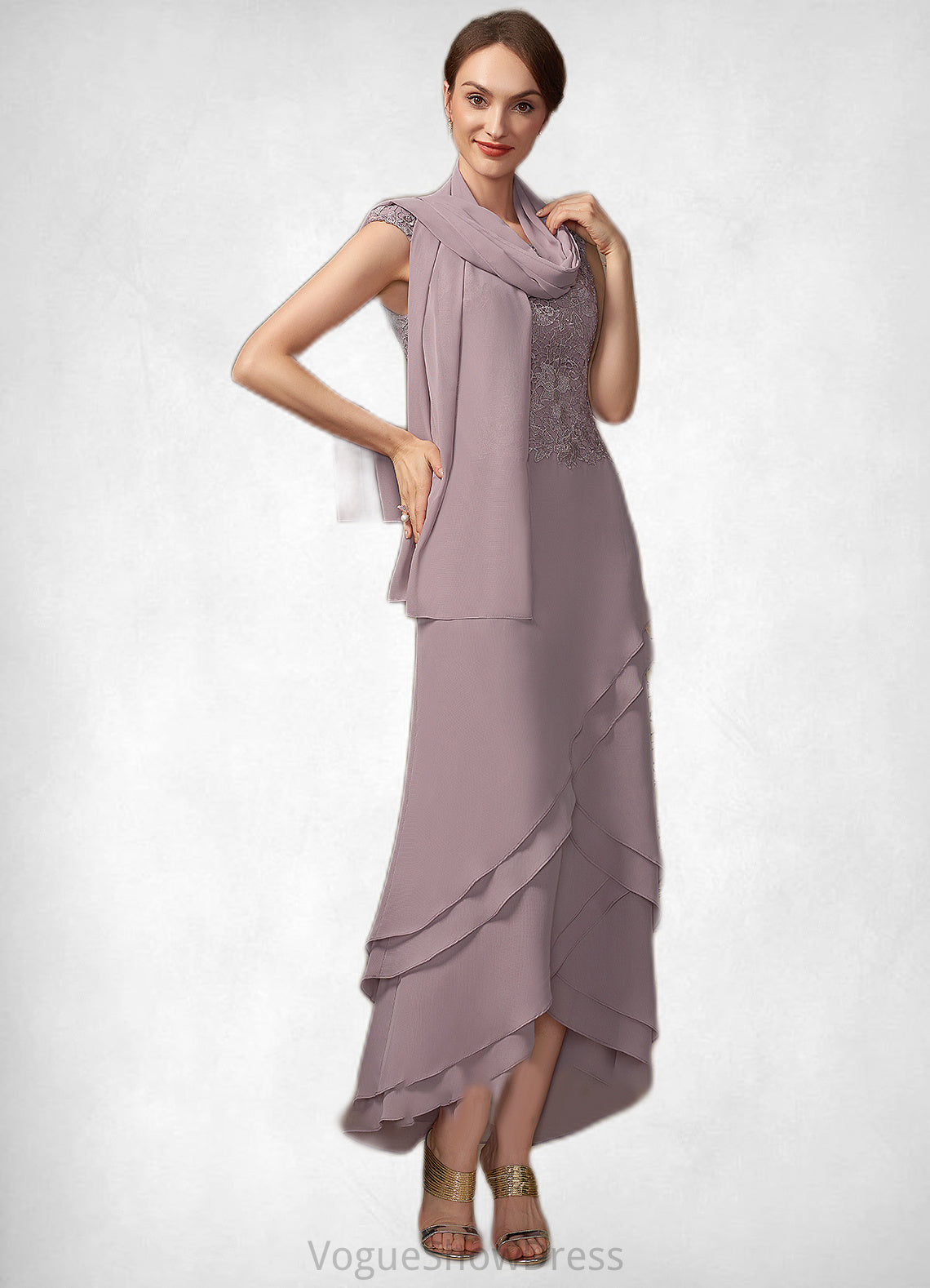 Sal A-Line Scoop Neck Asymmetrical Chiffon Lace Mother of the Bride Dress With Cascading Ruffles DL126P0014850