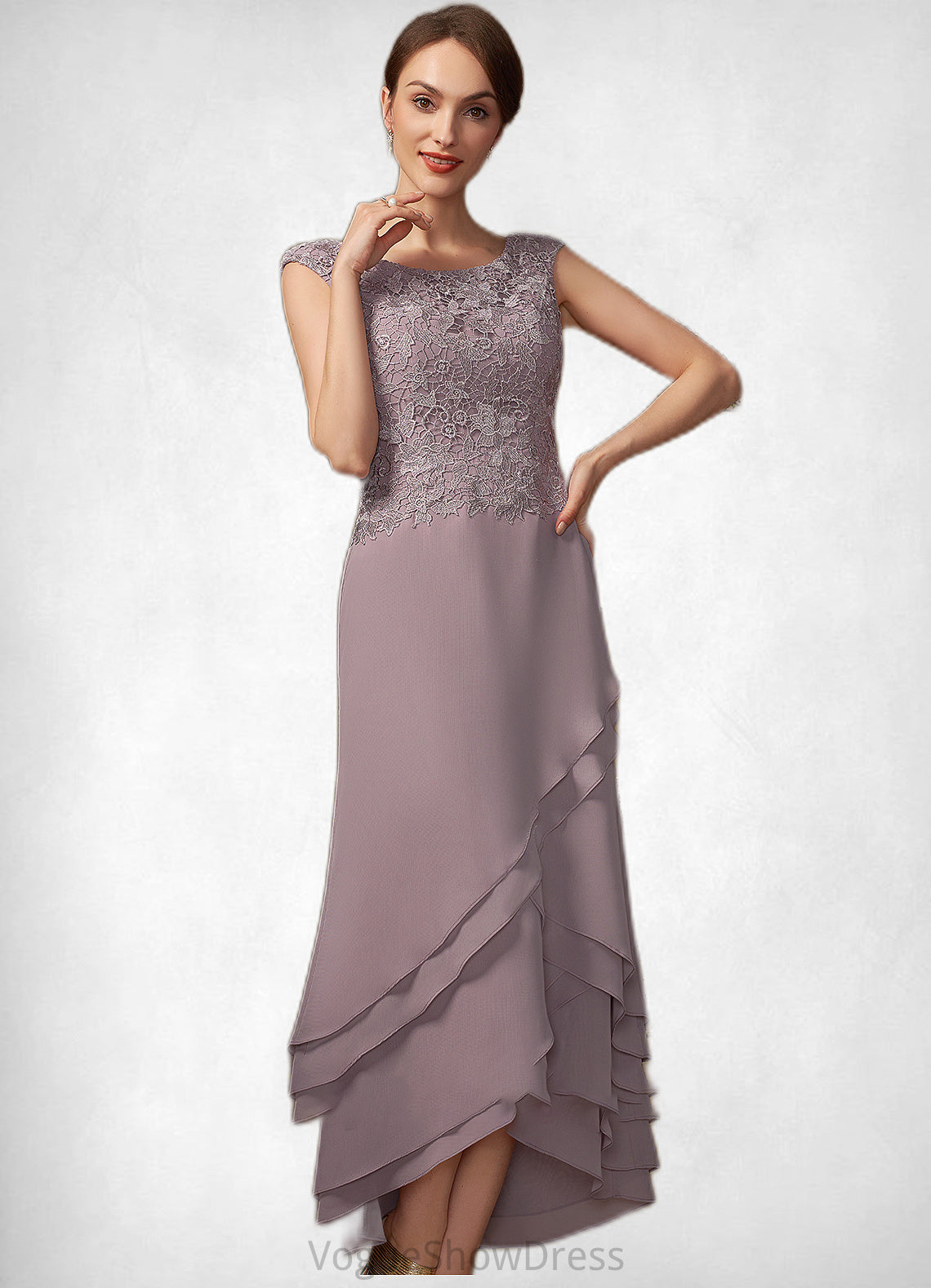 Sal A-Line Scoop Neck Asymmetrical Chiffon Lace Mother of the Bride Dress With Cascading Ruffles DL126P0014850